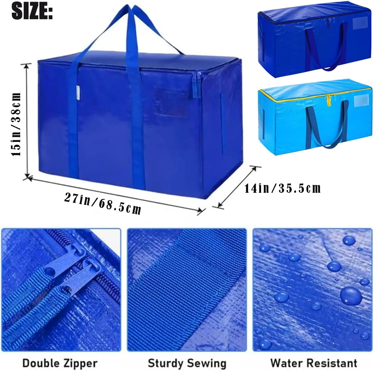 24 Gallon Extra Large Heavy Duty Foldable Moving Bags Storage Bags with Zipper & Reinforced Handles Blue Packing Bags Moving for Moving Storage Travel Saving Linen Organization (B, One Size)