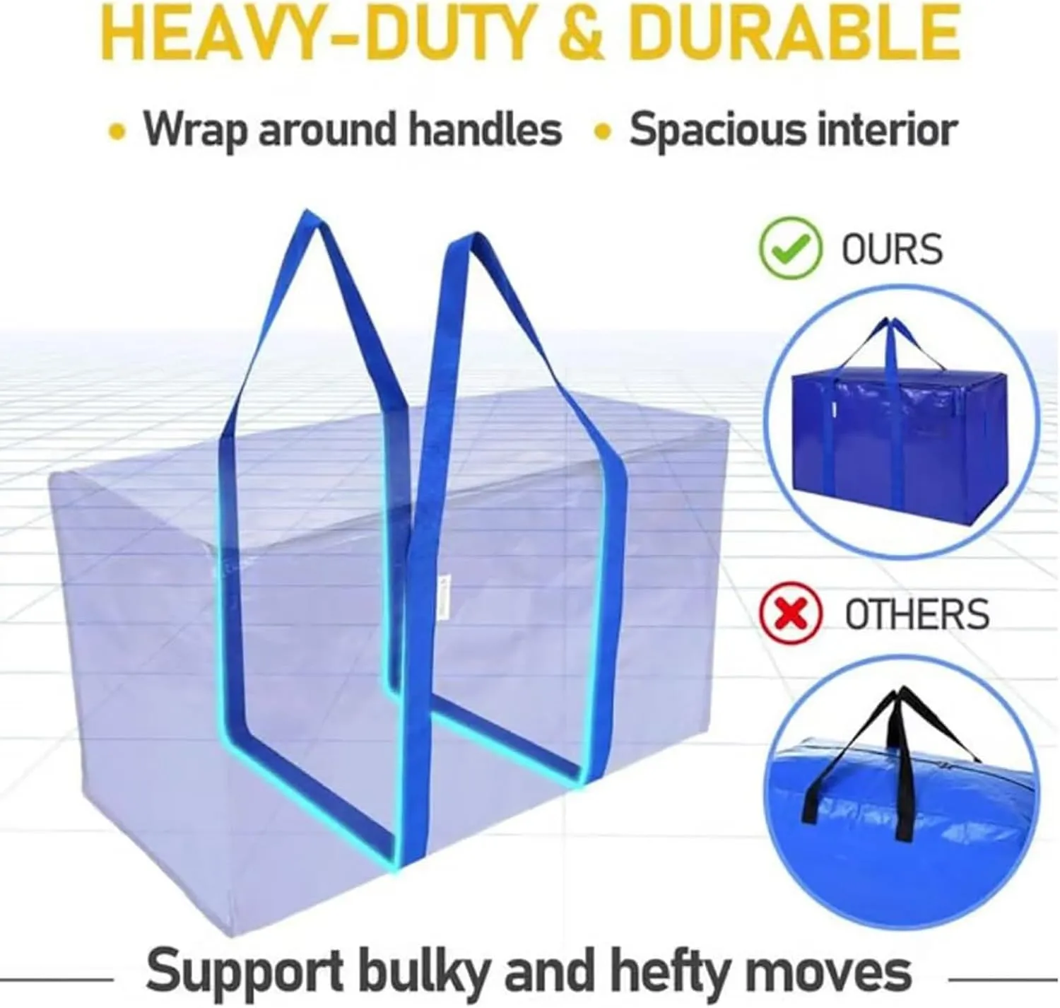 24 Gallon Extra Large Heavy Duty Foldable Moving Bags Storage Bags with Zipper & Reinforced Handles Blue Packing Bags Moving for Moving Storage Travel Saving Linen Organization (B, One Size)