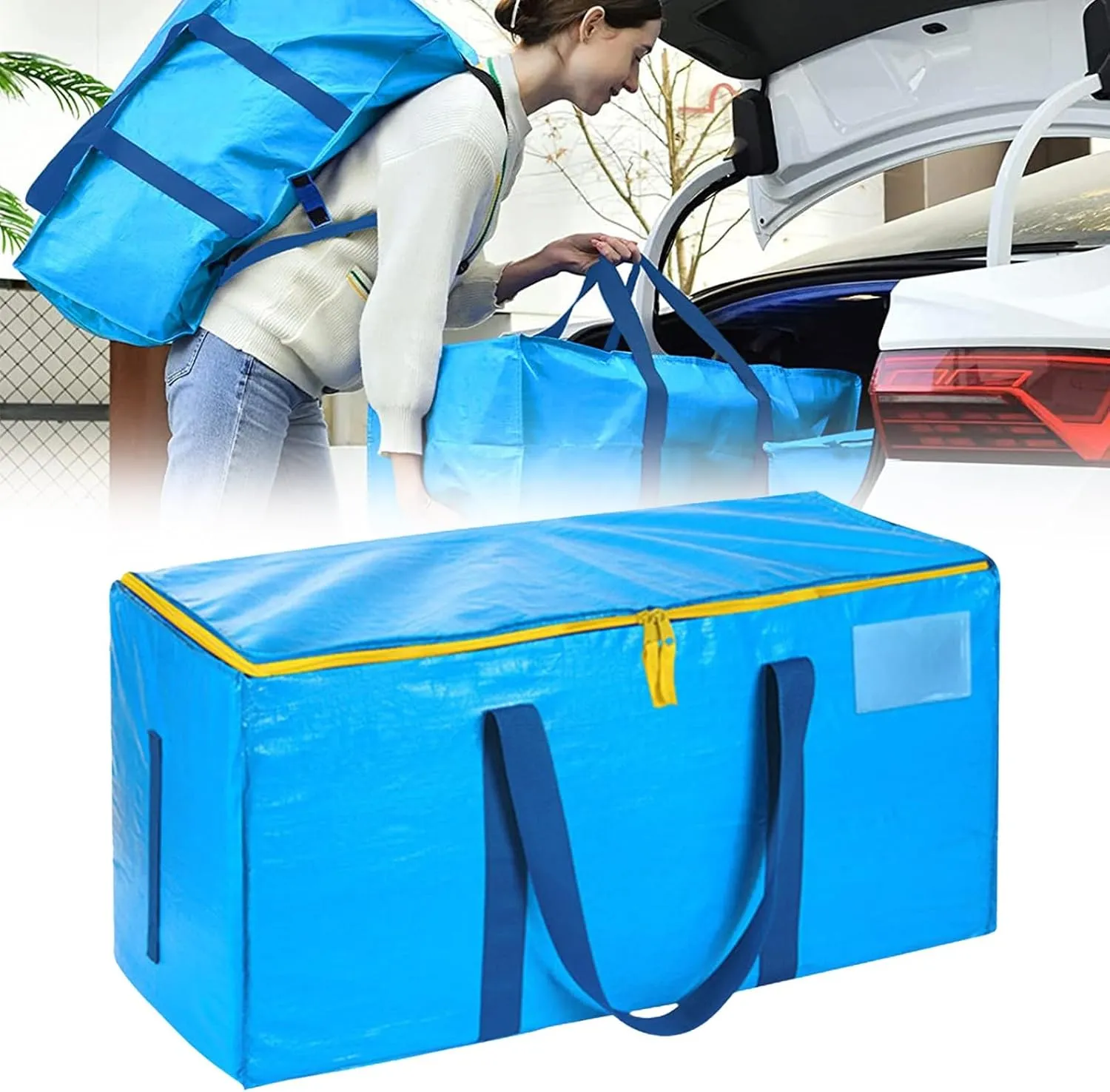 24 Gallon Extra Large Heavy Duty Foldable Moving Bags Storage Bags with Zipper & Reinforced Handles Blue Packing Bags Moving for Moving Storage Travel Saving Linen Organization (B, One Size)