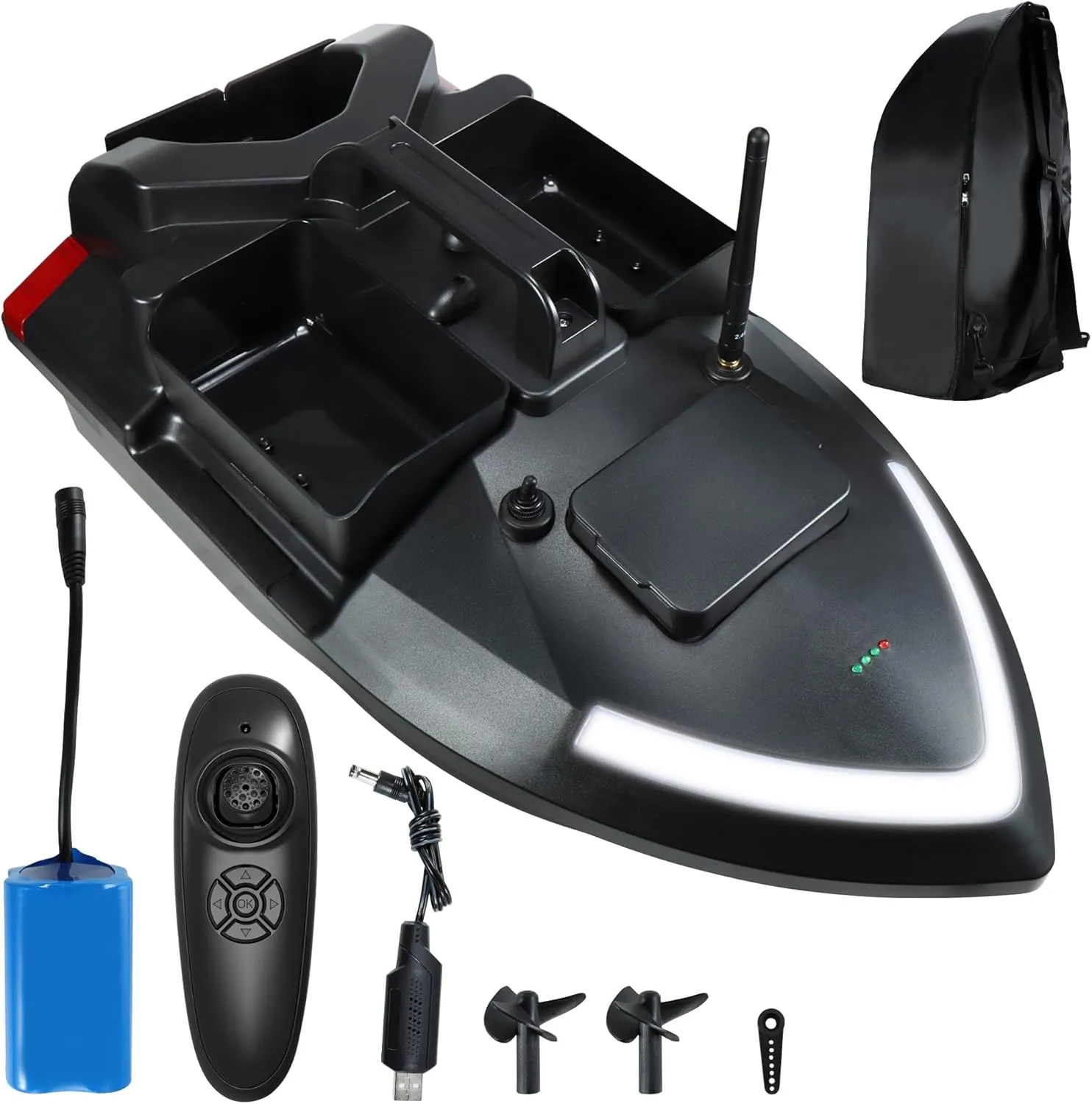 3 Boxes RC Bait Boat for Surf Fishing with 4.4lbs Load Capacity, Dual Battery & Motor System for Long-Range Bait Deployment, 12000mAh Battery, Fish Bait Boats with LED Light for Professional Fishing