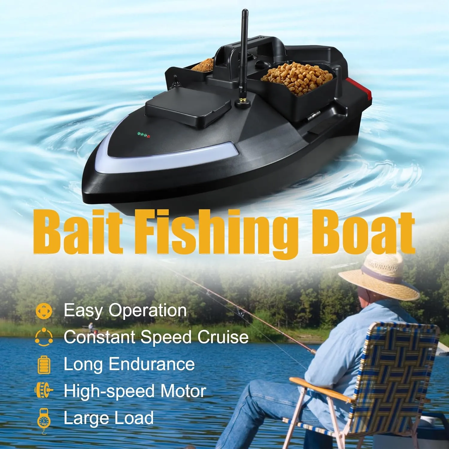3 Boxes RC Bait Boat for Surf Fishing with 4.4lbs Load Capacity, Dual Battery & Motor System for Long-Range Bait Deployment, 12000mAh Battery, Fish Bait Boats with LED Light for Professional Fishing