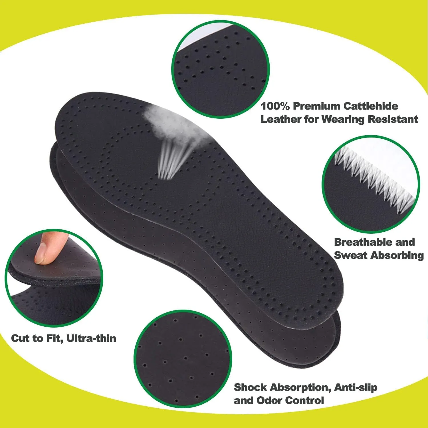 3 Pack Black Leather Insoles for Men Nonslip Shoe Pads for Boots Thin Leather Inserts for Men Dress Shoes Sole Replacement Liners for Odor Eater (3 Pairs/Mens US 8-8.5)