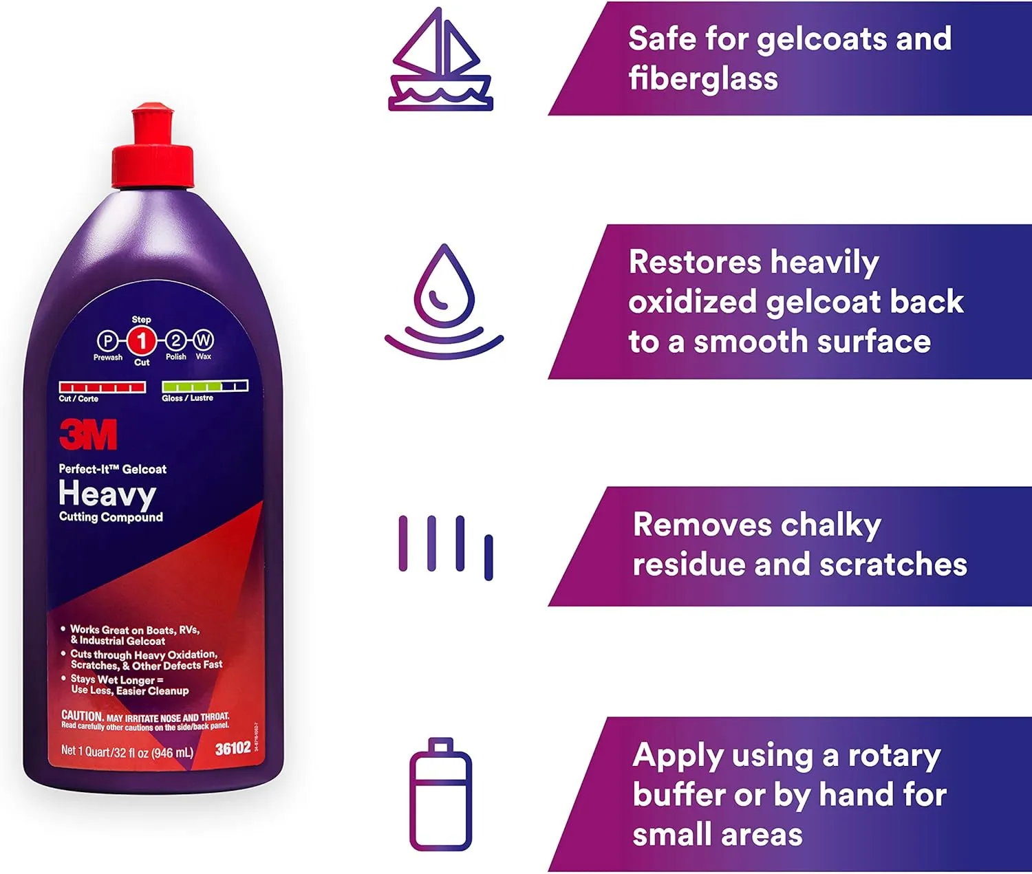 3M Perfect-It Gelcoat Heavy Cutting Compound, 36102, 1 Quart, Fiberglass Oxidation Remover for Boats and RVs