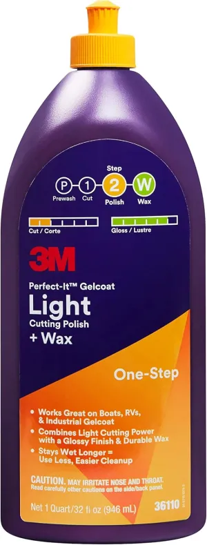3M Perfect-It Gelcoat Light Cutting Polish   Wax, 36110, 1 Quart, One-Step Process, Removes Scratches and Swirls, Light Oxidation Remover for Boats and RVs