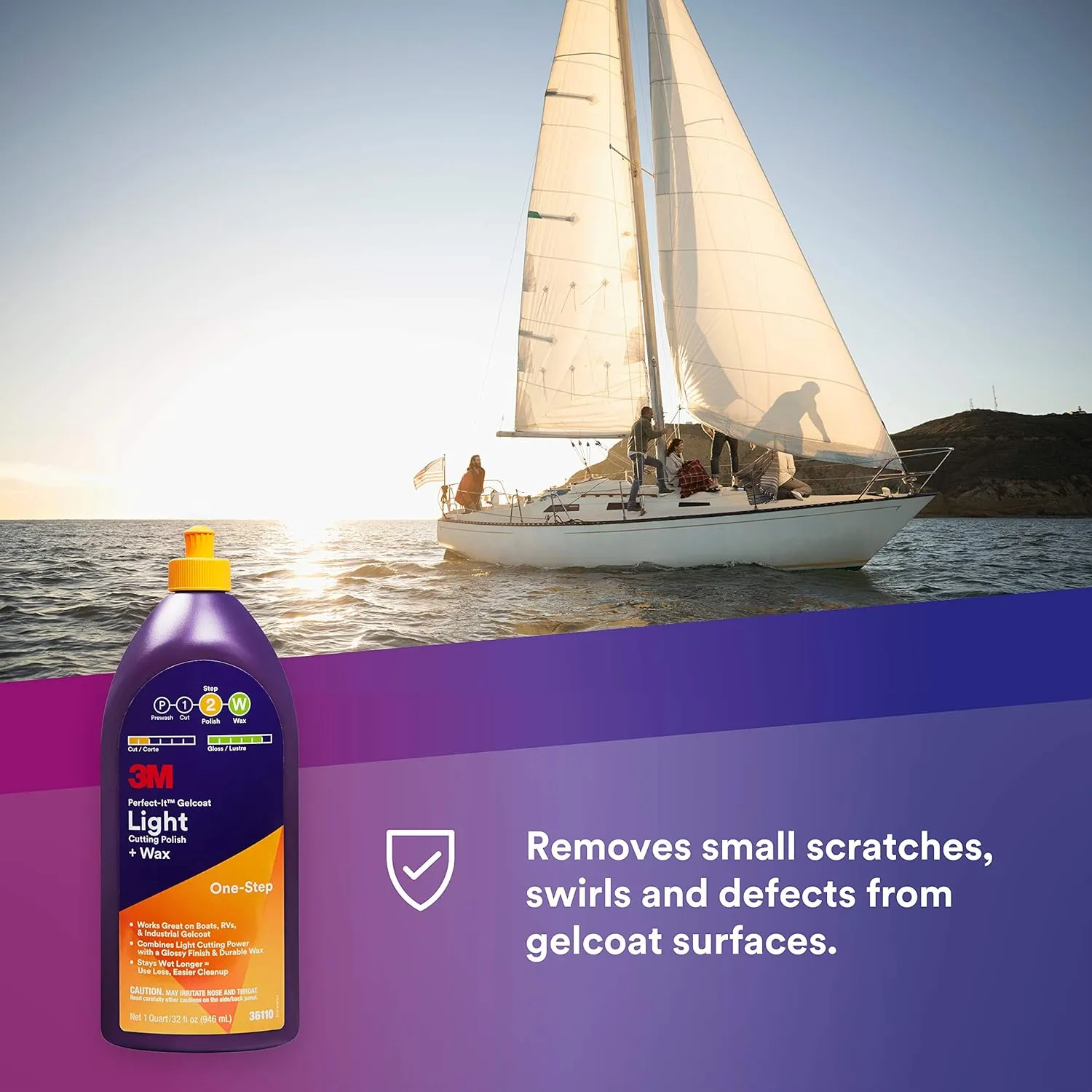 3M Perfect-It Gelcoat Light Cutting Polish   Wax, 36110, 1 Quart, One-Step Process, Removes Scratches and Swirls, Light Oxidation Remover for Boats and RVs