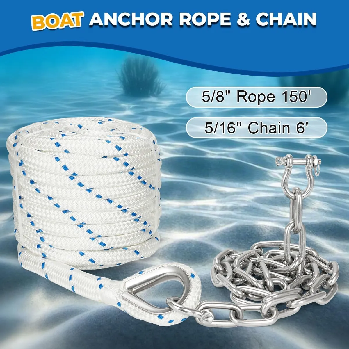 5/8" Boat Anchor Rope 150 FT with 316 Stainless Steel Chain 5/16" x 6 FT, 5/16" Anti-Off Shackles and 5/8" Thimble, Anchor Rode for Mooring, Boats Pontoon, Deck, Fishing, Sail