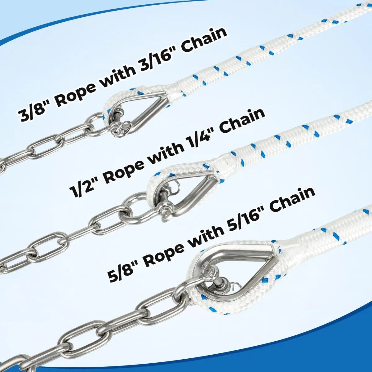 5/8" Boat Anchor Rope 150 FT with 316 Stainless Steel Chain 5/16" x 6 FT, 5/16" Anti-Off Shackles and 5/8" Thimble, Anchor Rode for Mooring, Boats Pontoon, Deck, Fishing, Sail