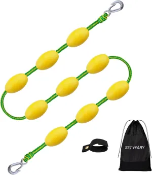 60FT Floating Boat Tow Rope for Tubing with 9pcs Yellow Floats and Stainless Steel Hook, Ideal for 1-6 Person Towable Tubes, Heavy-Duty Boat Tube Rope for Watersports (Green & Yellow)