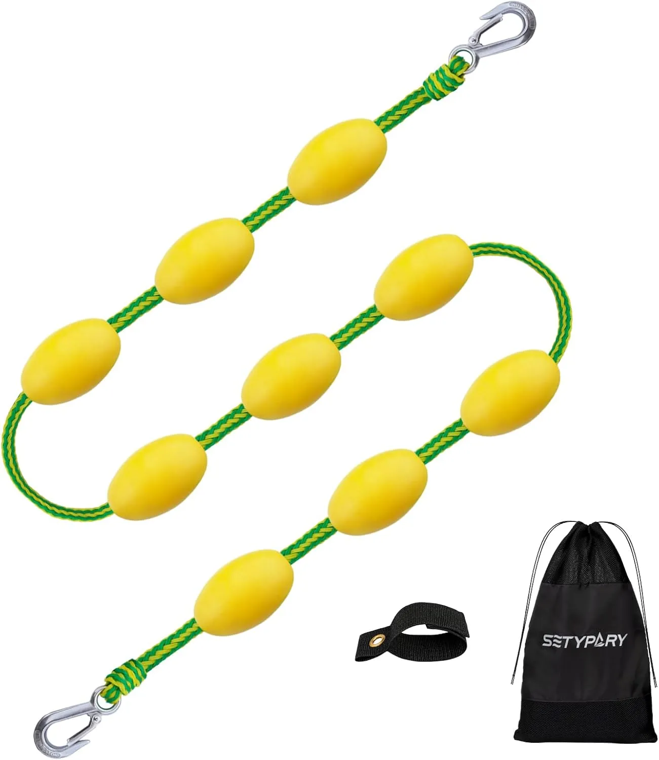 60FT Floating Boat Tow Rope for Tubing with 9pcs Yellow Floats and Stainless Steel Hook, Ideal for 1-6 Person Towable Tubes, Heavy-Duty Boat Tube Rope for Watersports (Green & Yellow)