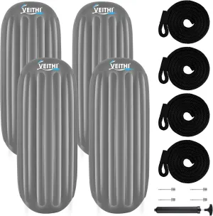6/8/10 inch Boat Fenders 4 Pack, Hole Through Middle Vinyl Boat Bumpers Fenders, Boat Bumpers for Docking Come with Ropes Needles and Pump, Inflatable Ribbed Boat Dock Bumpers for Pontoon Yacht