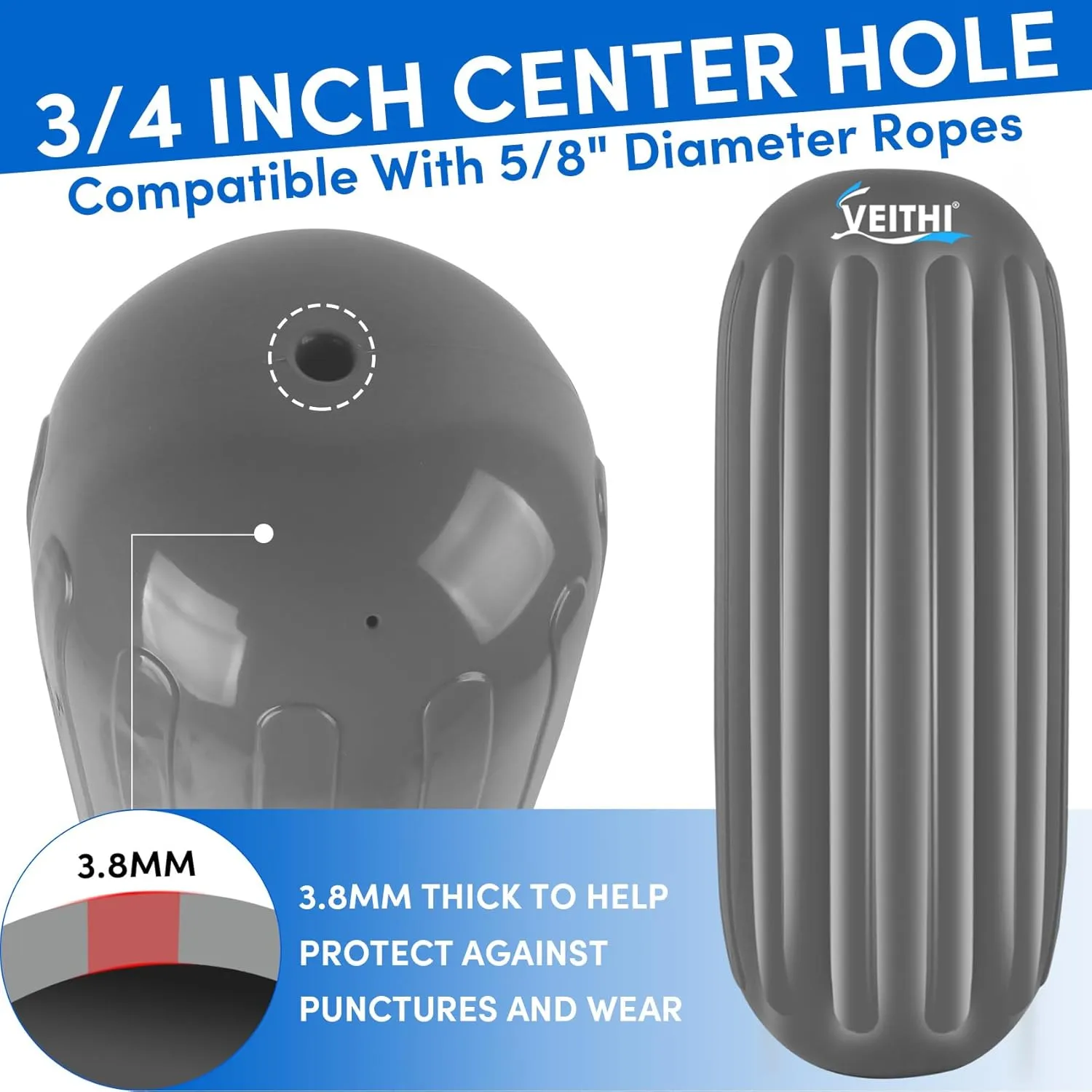 6/8/10 inch Boat Fenders 4 Pack, Hole Through Middle Vinyl Boat Bumpers Fenders, Boat Bumpers for Docking Come with Ropes Needles and Pump, Inflatable Ribbed Boat Dock Bumpers for Pontoon Yacht