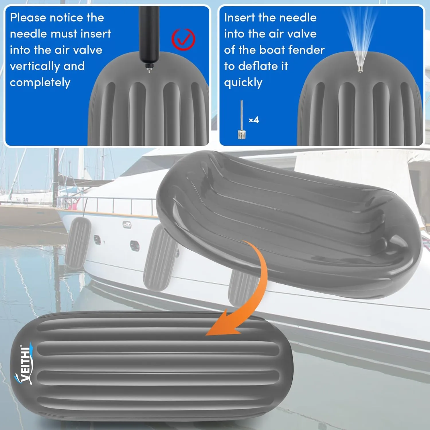 6/8/10 inch Boat Fenders 4 Pack, Hole Through Middle Vinyl Boat Bumpers Fenders, Boat Bumpers for Docking Come with Ropes Needles and Pump, Inflatable Ribbed Boat Dock Bumpers for Pontoon Yacht