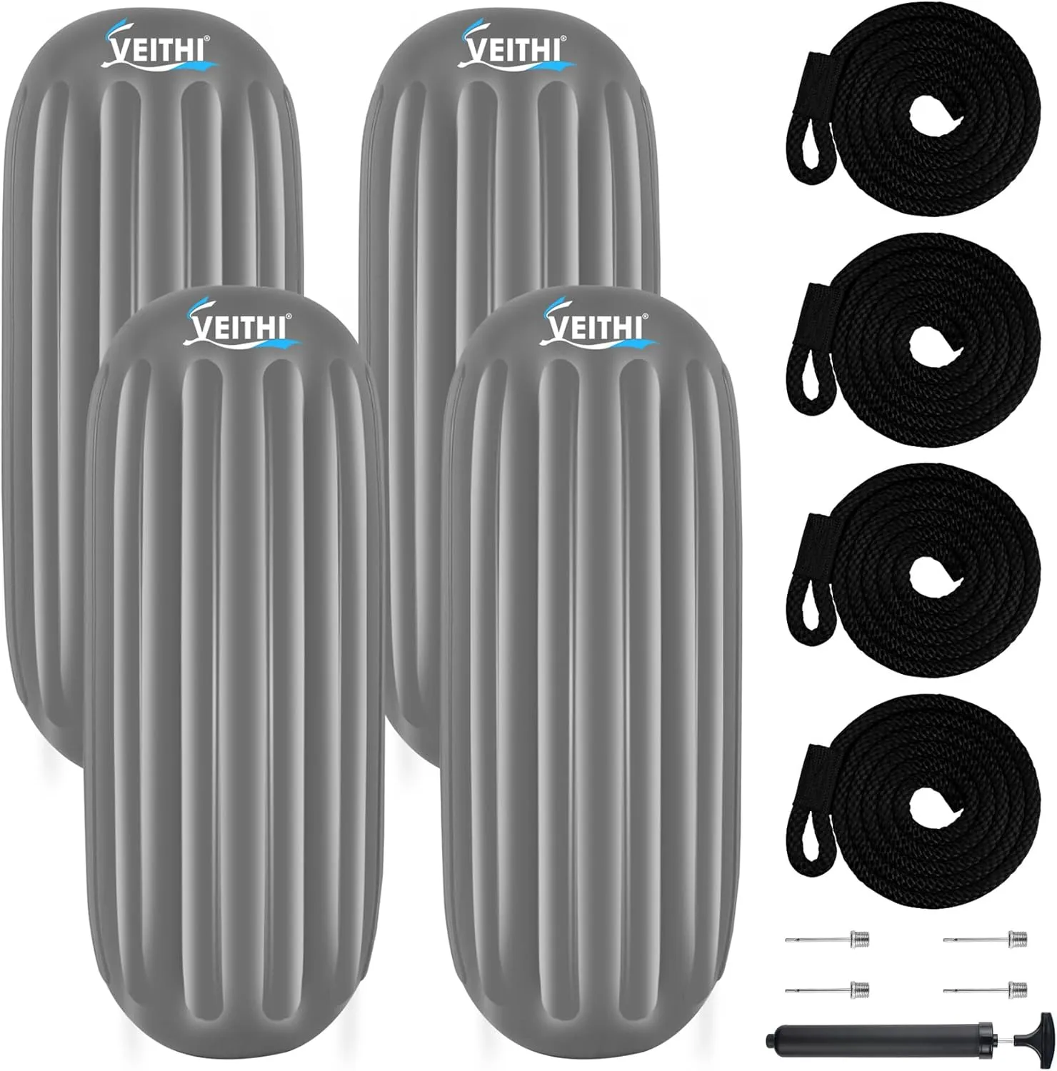6/8/10 inch Boat Fenders 4 Pack, Hole Through Middle Vinyl Boat Bumpers Fenders, Boat Bumpers for Docking Come with Ropes Needles and Pump, Inflatable Ribbed Boat Dock Bumpers for Pontoon Yacht
