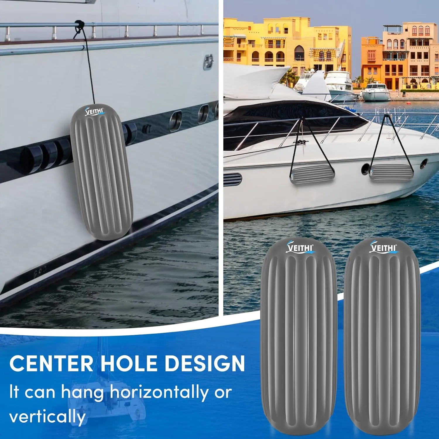 6/8/10 inch Boat Fenders 4 Pack, Hole Through Middle Vinyl Boat Bumpers Fenders, Boat Bumpers for Docking Come with Ropes Needles and Pump, Inflatable Ribbed Boat Dock Bumpers for Pontoon Yacht