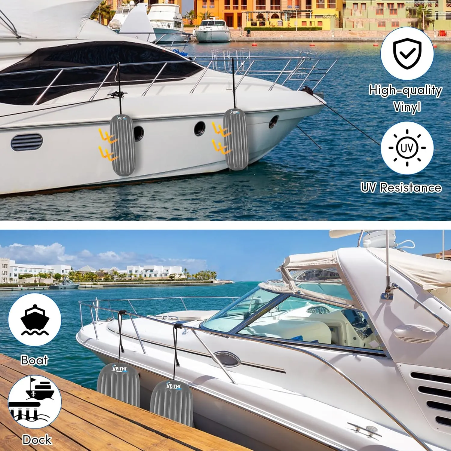 6/8/10 inch Boat Fenders 4 Pack, Hole Through Middle Vinyl Boat Bumpers Fenders, Boat Bumpers for Docking Come with Ropes Needles and Pump, Inflatable Ribbed Boat Dock Bumpers for Pontoon Yacht