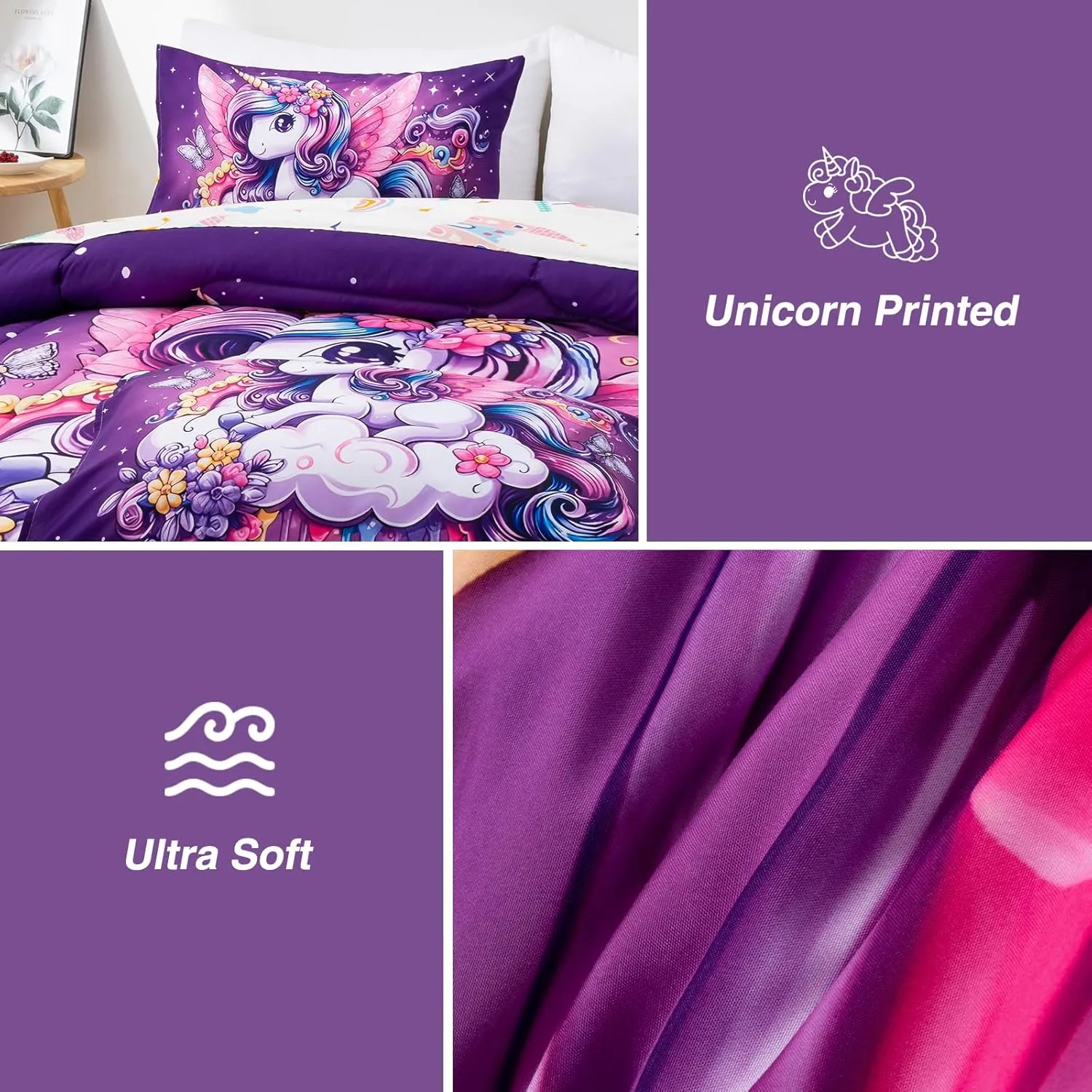 A Nice Night Purple Comforter Sets,Unicorn Flying Flower Clouds Printed, 6Pcs Bed in A Bag Twin Size All Seasons Bedding Set,for Kids, Girls