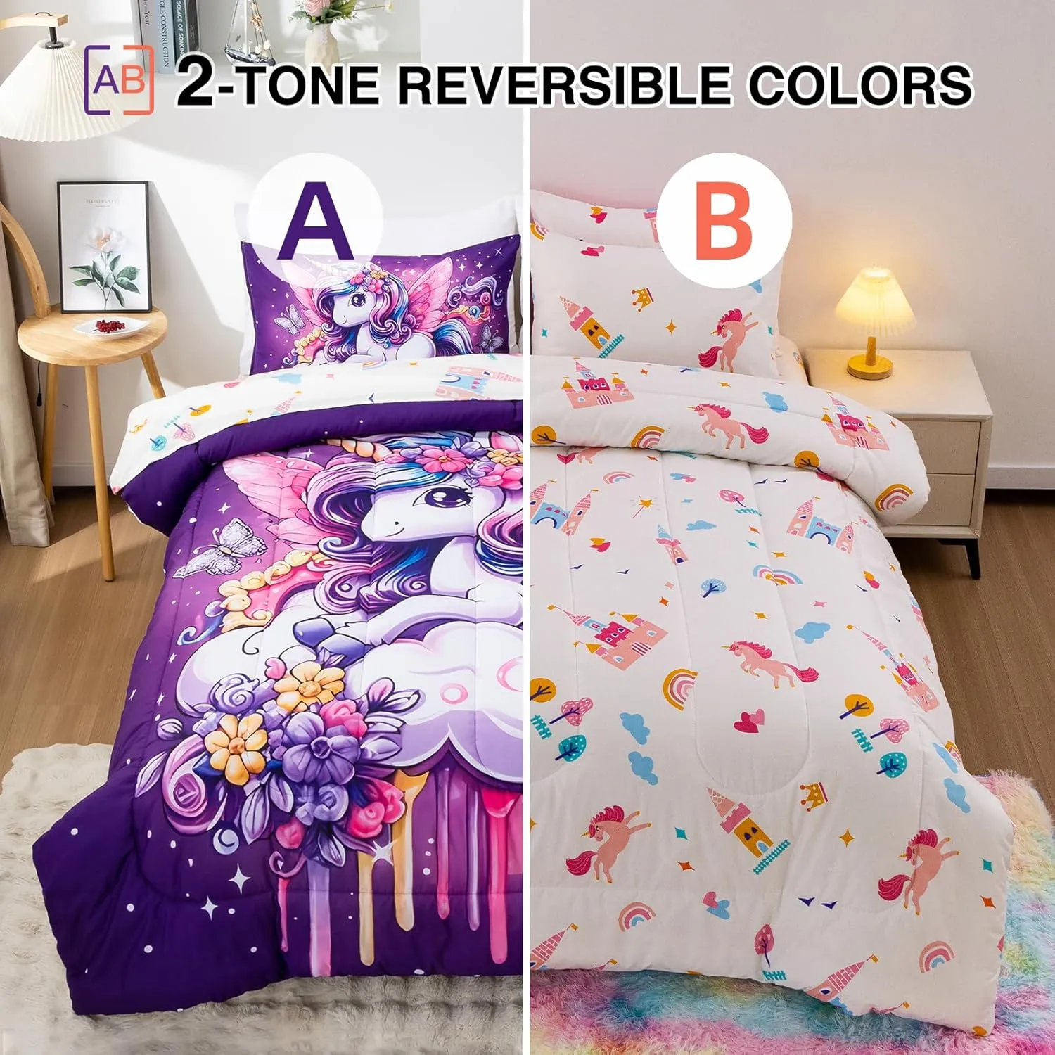A Nice Night Purple Comforter Sets,Unicorn Flying Flower Clouds Printed, 6Pcs Bed in A Bag Twin Size All Seasons Bedding Set,for Kids, Girls