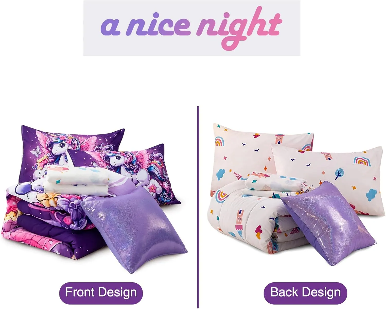 A Nice Night Purple Comforter Sets,Unicorn Flying Flower Clouds Printed, 6Pcs Bed in A Bag Twin Size All Seasons Bedding Set,for Kids, Girls