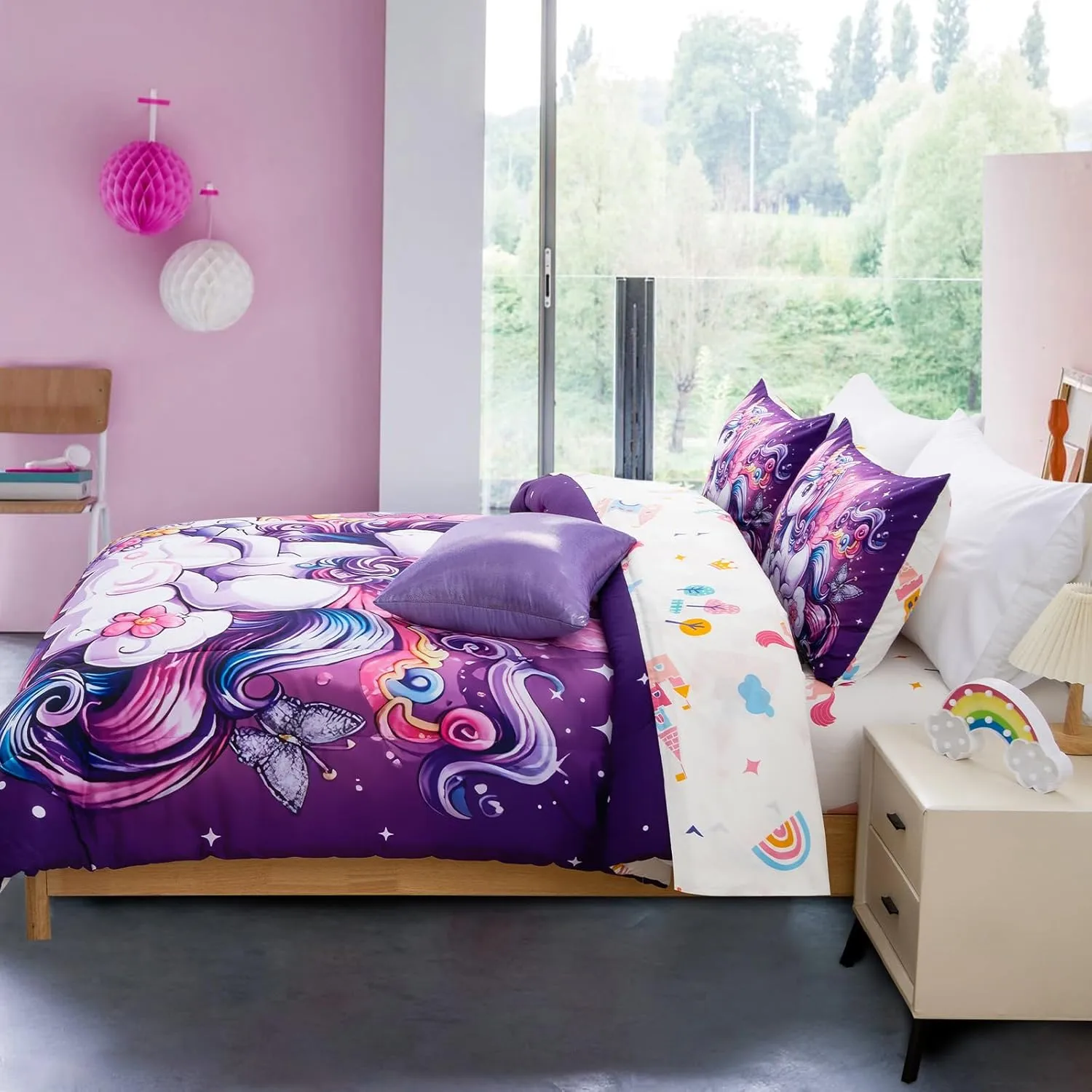 A Nice Night Purple Comforter Sets,Unicorn Flying Flower Clouds Printed, 6Pcs Bed in A Bag Twin Size All Seasons Bedding Set,for Kids, Girls