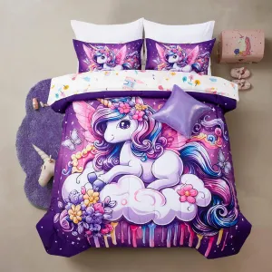 A Nice Night Purple Comforter Sets,Unicorn Flying Flower Clouds Printed, 6Pcs Bed in A Bag Twin Size All Seasons Bedding Set,for Kids, Girls