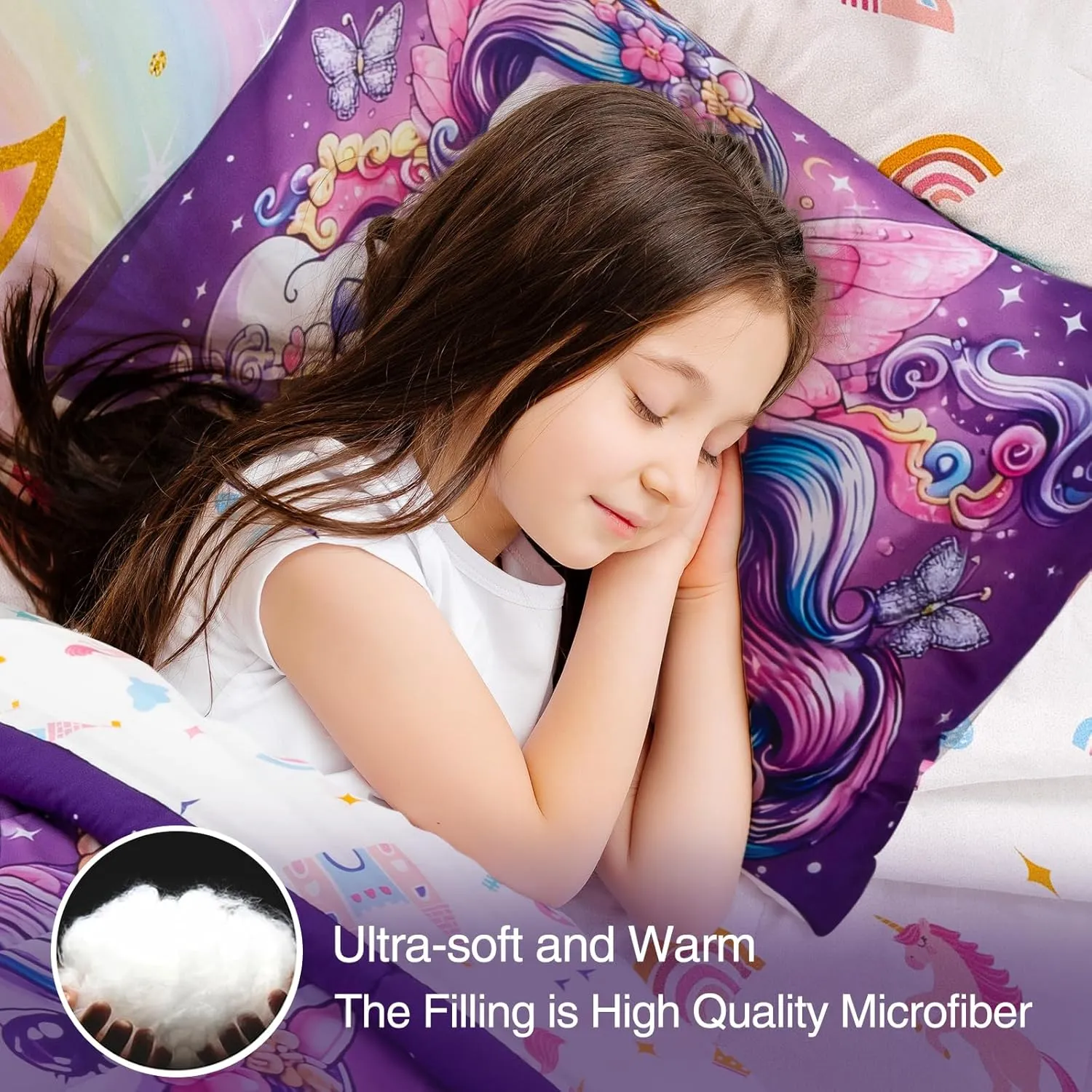A Nice Night Purple Comforter Sets,Unicorn Flying Flower Clouds Printed, 6Pcs Bed in A Bag Twin Size All Seasons Bedding Set,for Kids, Girls