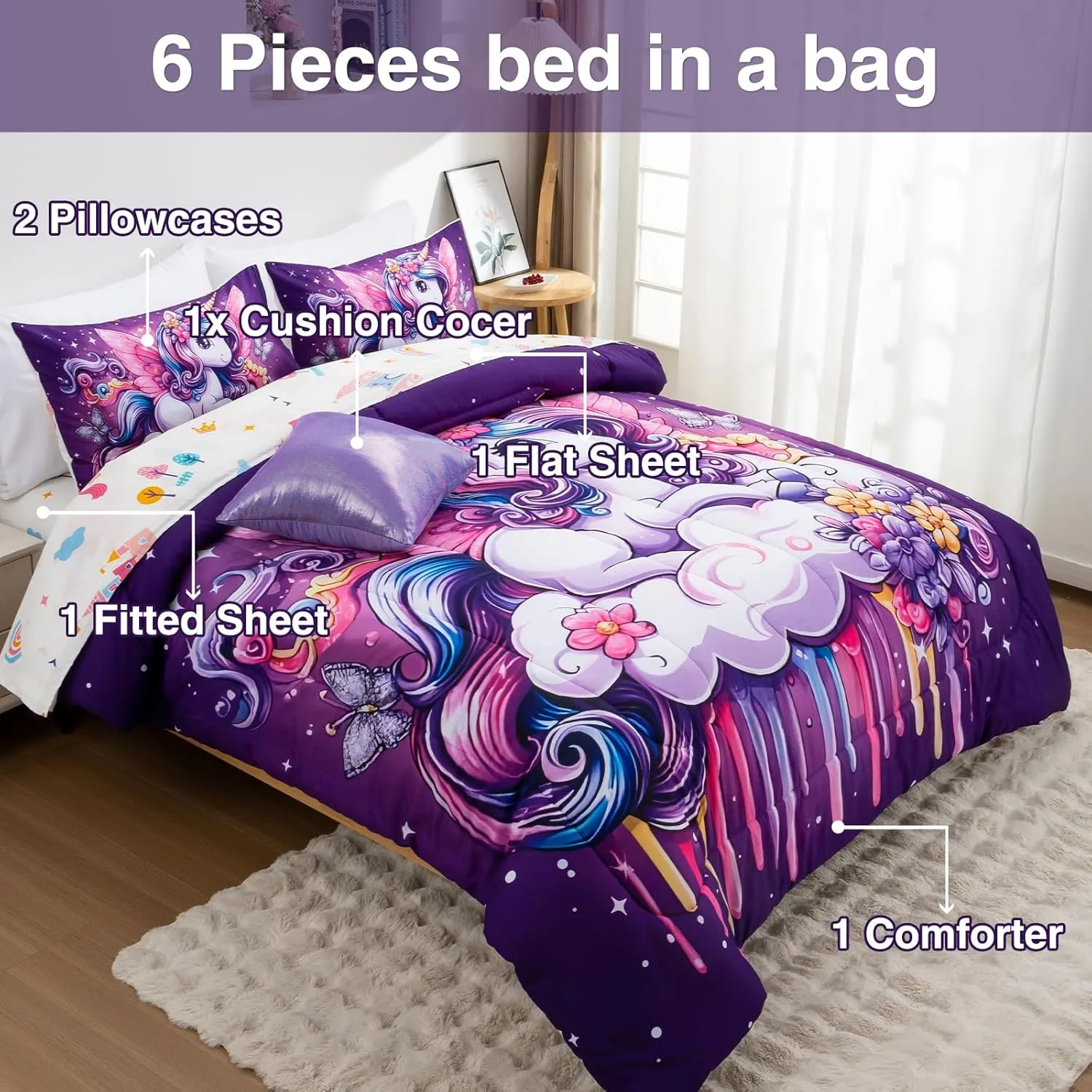 A Nice Night Purple Comforter Sets,Unicorn Flying Flower Clouds Printed, 6Pcs Bed in A Bag Twin Size All Seasons Bedding Set,for Kids, Girls
