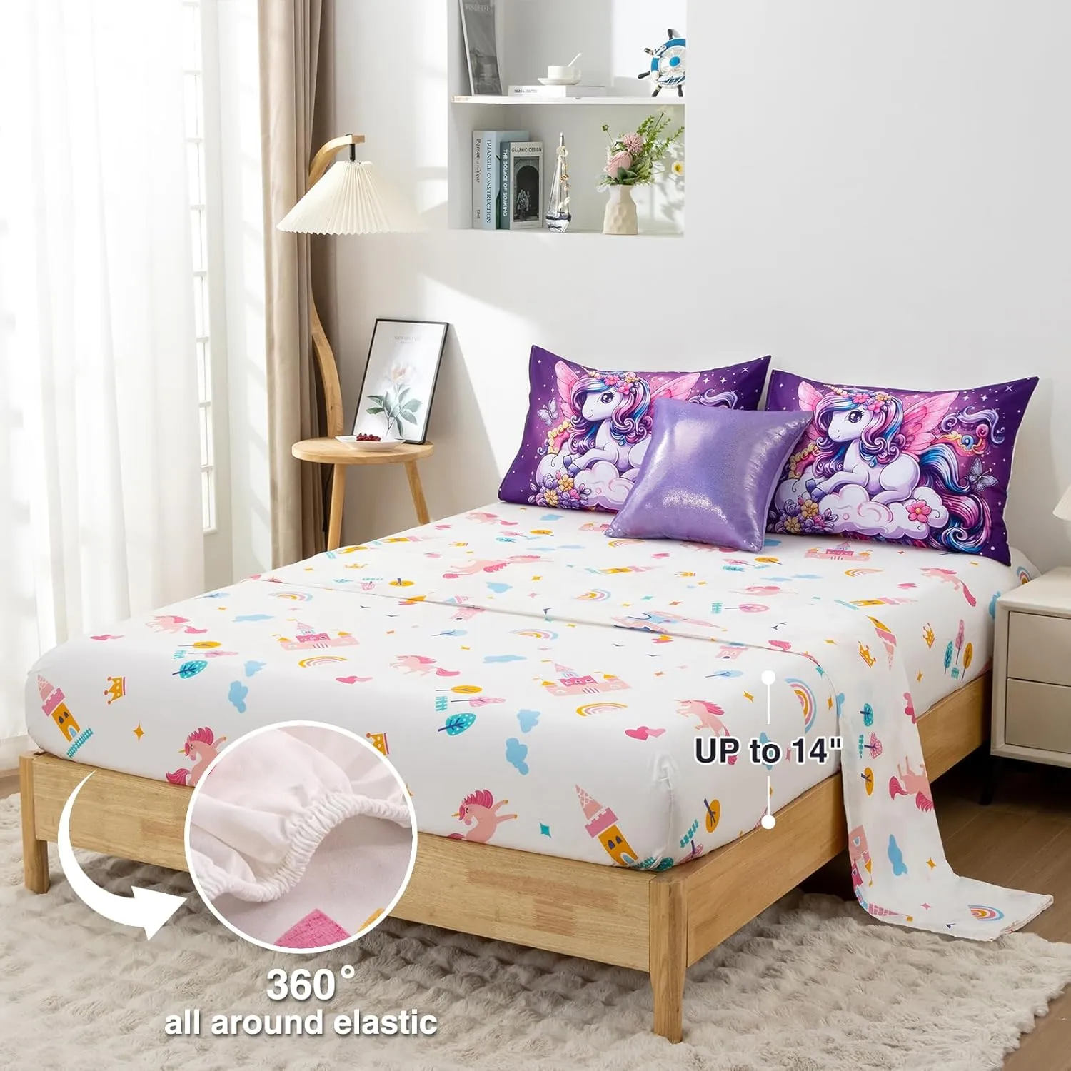 A Nice Night Purple Comforter Sets,Unicorn Flying Flower Clouds Printed, 6Pcs Bed in A Bag Twin Size All Seasons Bedding Set,for Kids, Girls