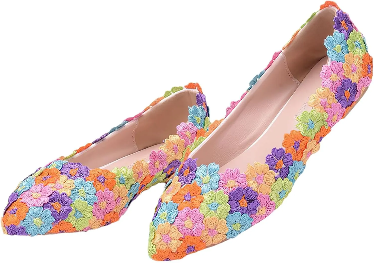 ANUFER Womens Elegant Pointed Toe Flower Lace Pearls Bridal Shoes Pumps Soft Sole Ballet Flats