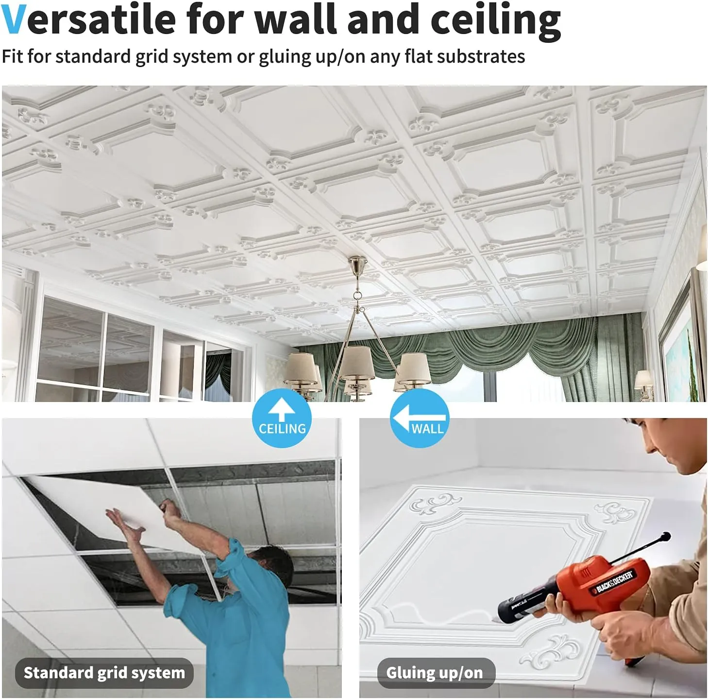 Art3d Drop Ceiling Tiles 24x24 in White (12-Pack, 48 Sq.ft), Wainscoting Panels Glue Up 2x2