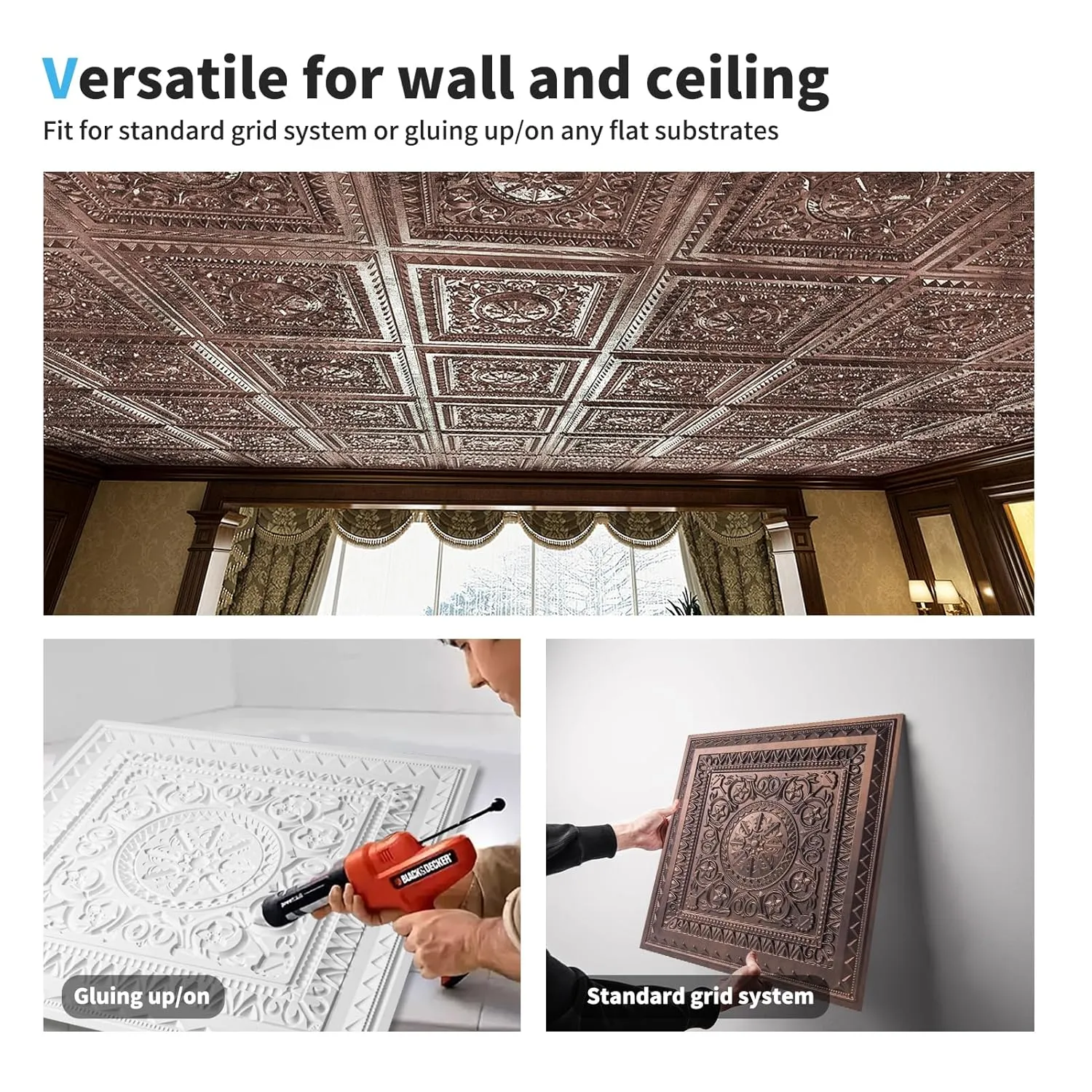 Art3d Drop Ceiling Tiles, Glue up Ceiling Tiles, 2'x2' Plastic Sheet in Antique Copper (12-Pack, 48 Sq.ft)