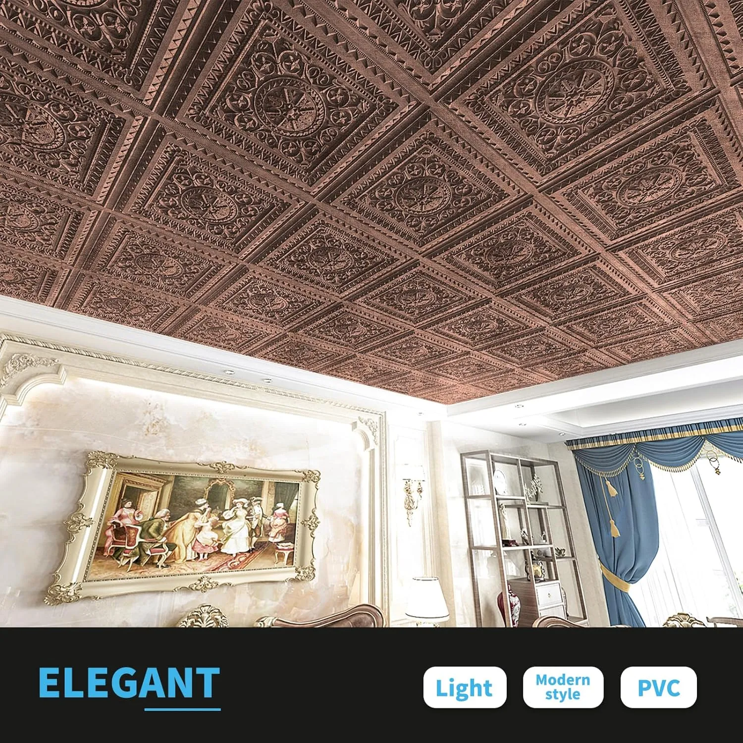 Art3d Drop Ceiling Tiles, Glue up Ceiling Tiles, 2'x2' Plastic Sheet in Antique Copper (12-Pack, 48 Sq.ft)