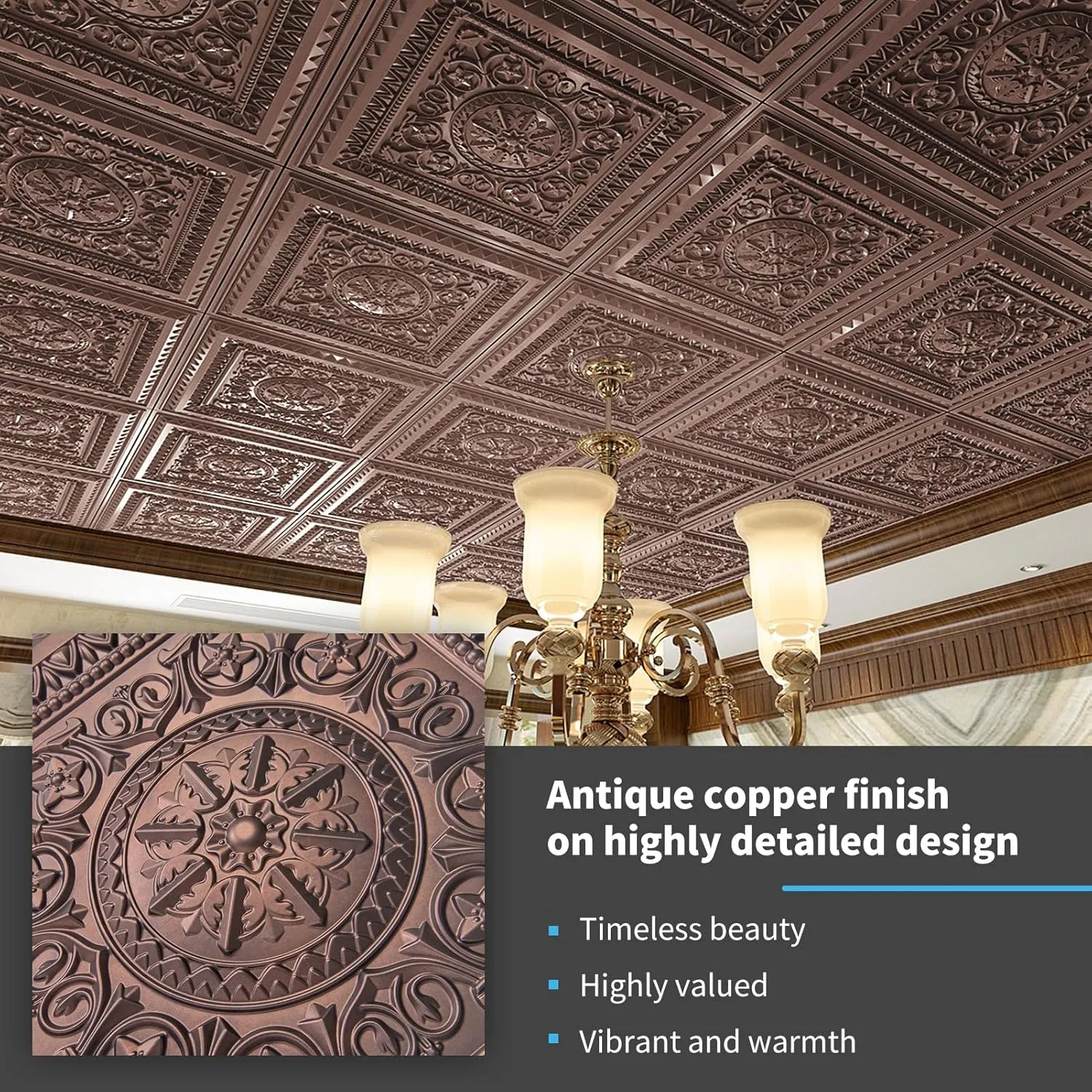 Art3d Drop Ceiling Tiles, Glue up Ceiling Tiles, 2'x2' Plastic Sheet in Antique Copper (12-Pack, 48 Sq.ft)