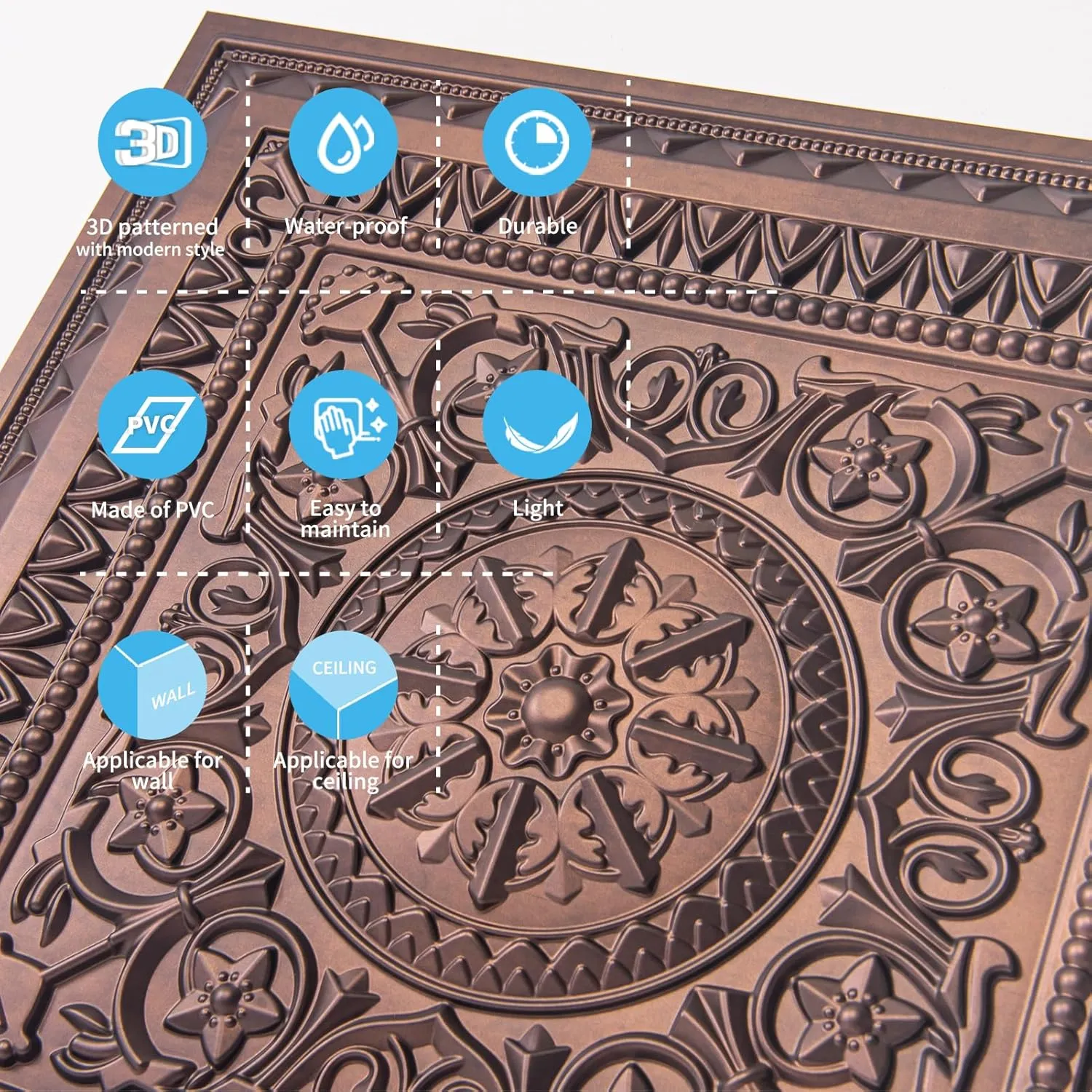 Art3d Drop Ceiling Tiles, Glue up Ceiling Tiles, 2'x2' Plastic Sheet in Antique Copper (12-Pack, 48 Sq.ft)