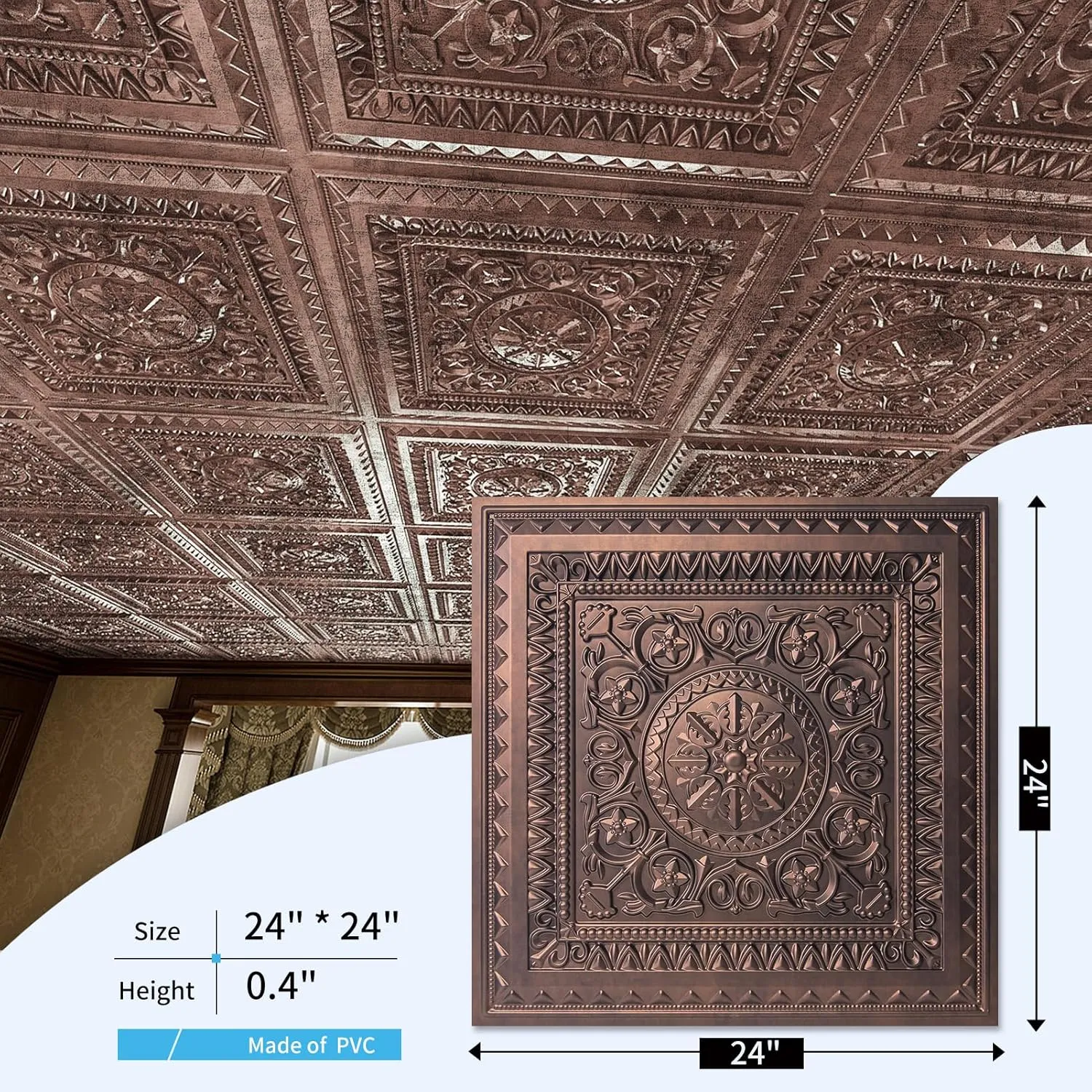 Art3d Drop Ceiling Tiles, Glue up Ceiling Tiles, 2'x2' Plastic Sheet in Antique Copper (12-Pack, 48 Sq.ft)
