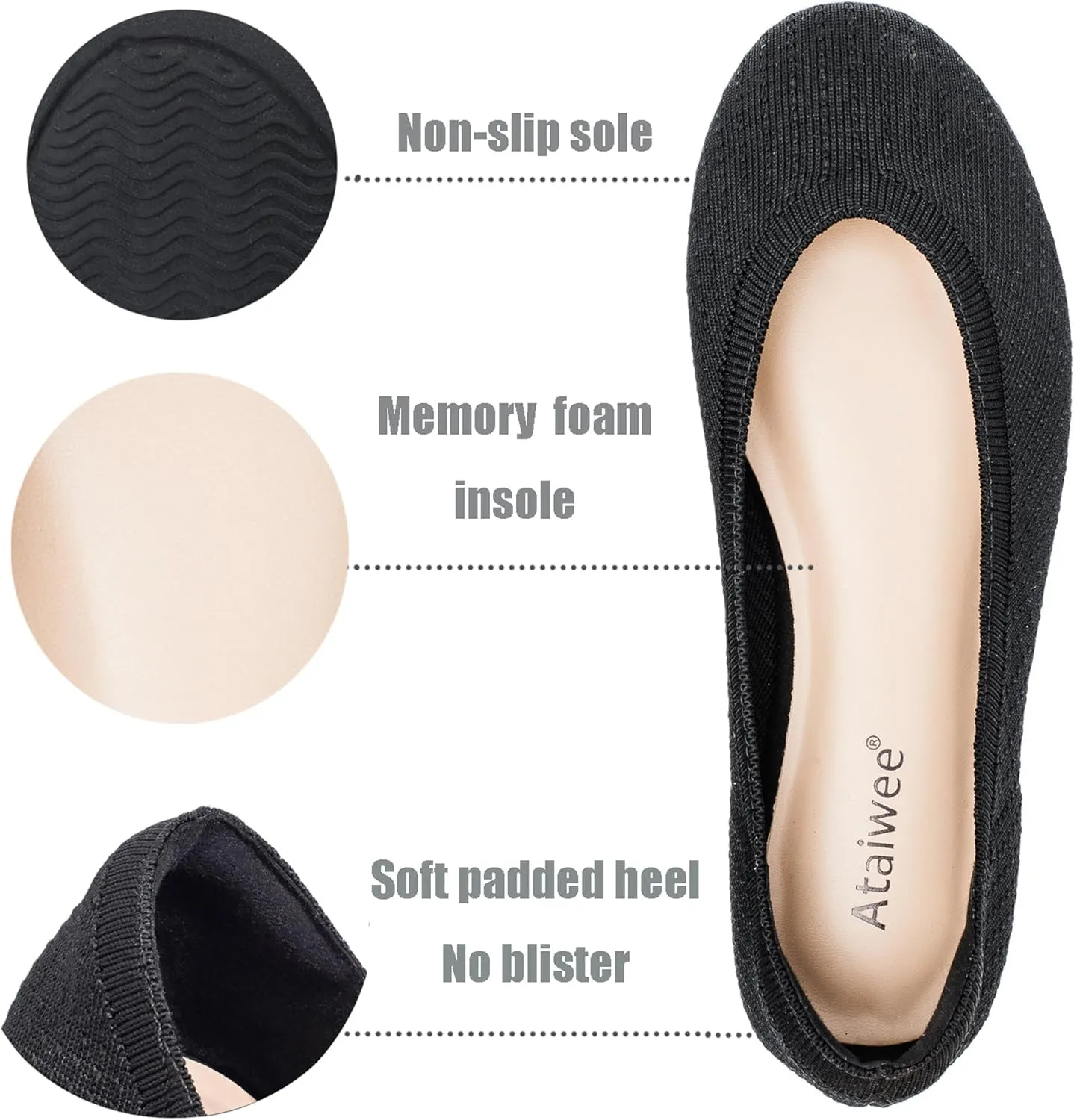 Ataiwee Women's Wide Width Flat Shoes - Fashion Dressy Knitted Soft Breathable Comfort Slip-On Ballet Flats.