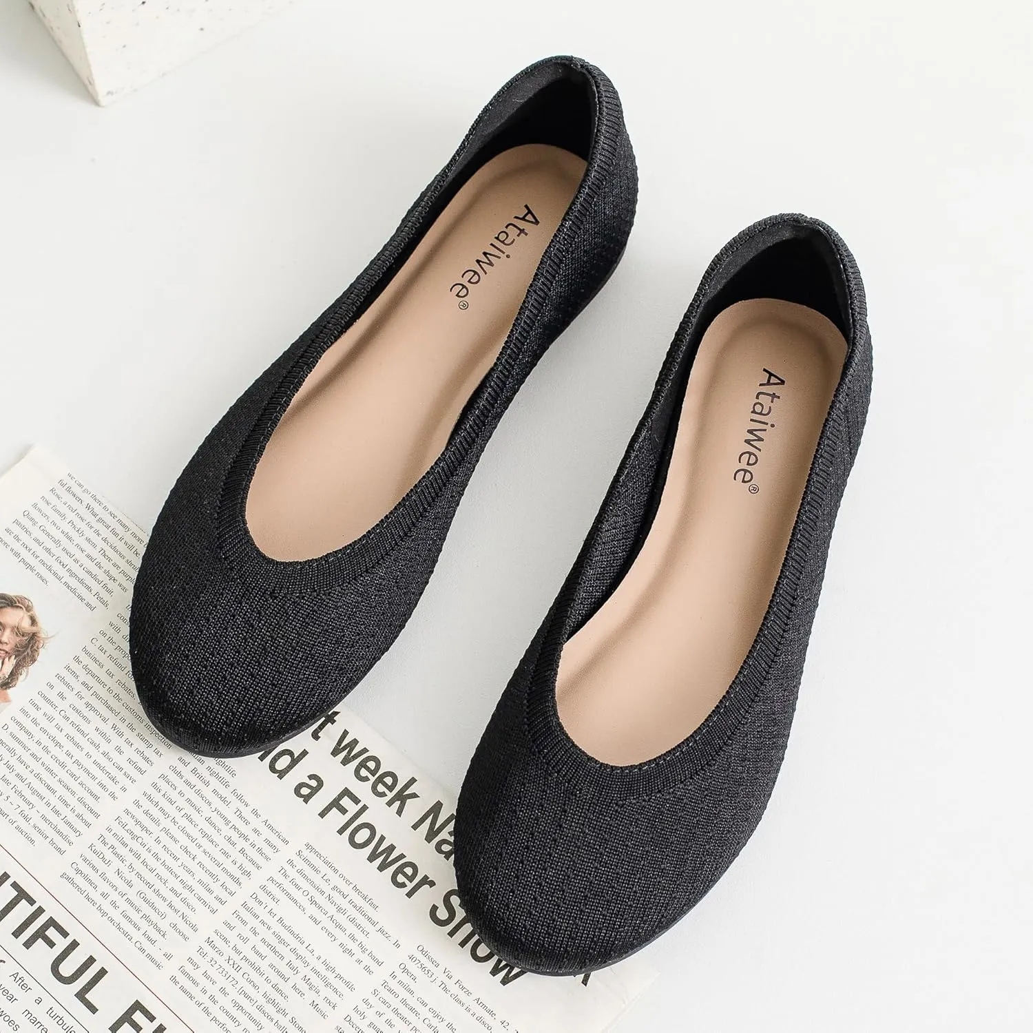 Ataiwee Women's Wide Width Flat Shoes - Fashion Dressy Knitted Soft Breathable Comfort Slip-On Ballet Flats.