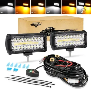 Auxbeam 7 Inch LED Bar 300W Amber White Pod 6 Modes Offroad Driving Spot Work Light With Wiring Harness for Trucks Car Pickup ATV Jeep Boat Golf Cart (Pack of 2)