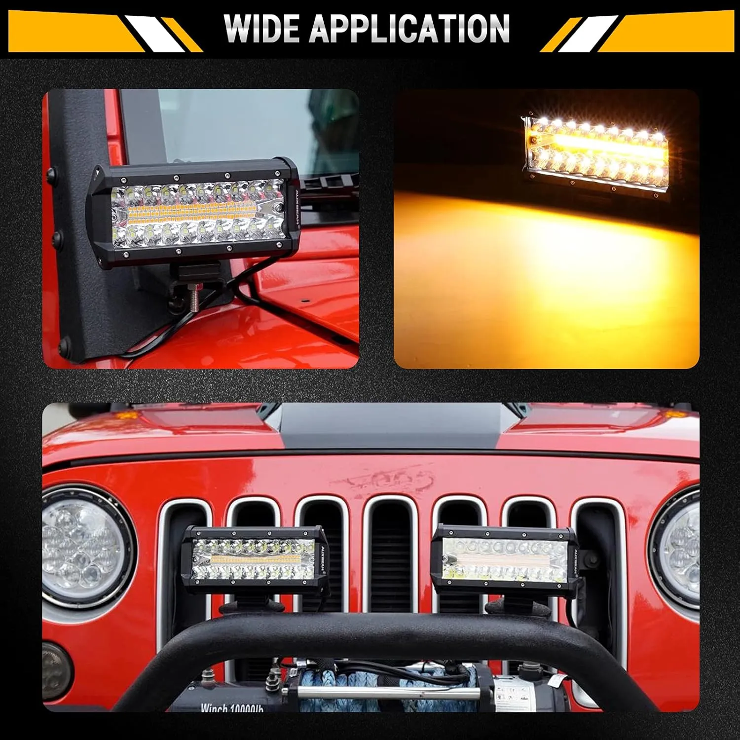 Auxbeam 7 Inch LED Bar 300W Amber White Pod 6 Modes Offroad Driving Spot Work Light With Wiring Harness for Trucks Car Pickup ATV Jeep Boat Golf Cart (Pack of 2)