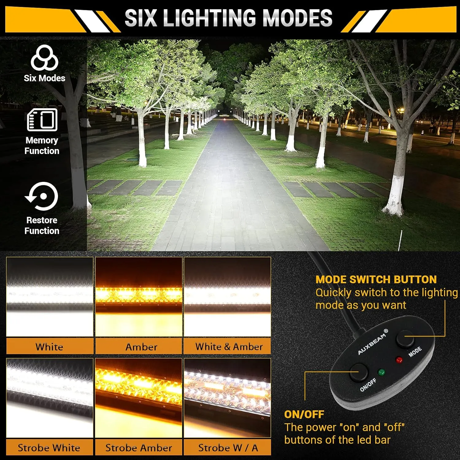 Auxbeam 7 Inch LED Bar 300W Amber White Pod 6 Modes Offroad Driving Spot Work Light With Wiring Harness for Trucks Car Pickup ATV Jeep Boat Golf Cart (Pack of 2)