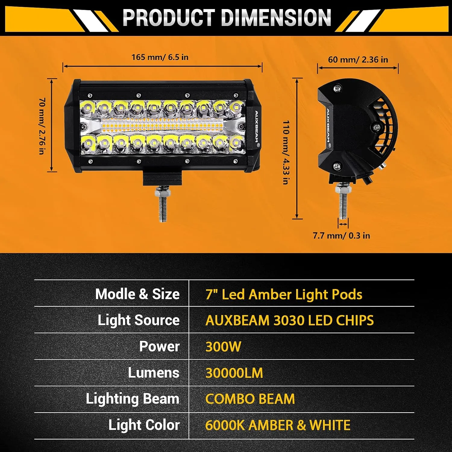 Auxbeam 7 Inch LED Bar 300W Amber White Pod 6 Modes Offroad Driving Spot Work Light With Wiring Harness for Trucks Car Pickup ATV Jeep Boat Golf Cart (Pack of 2)