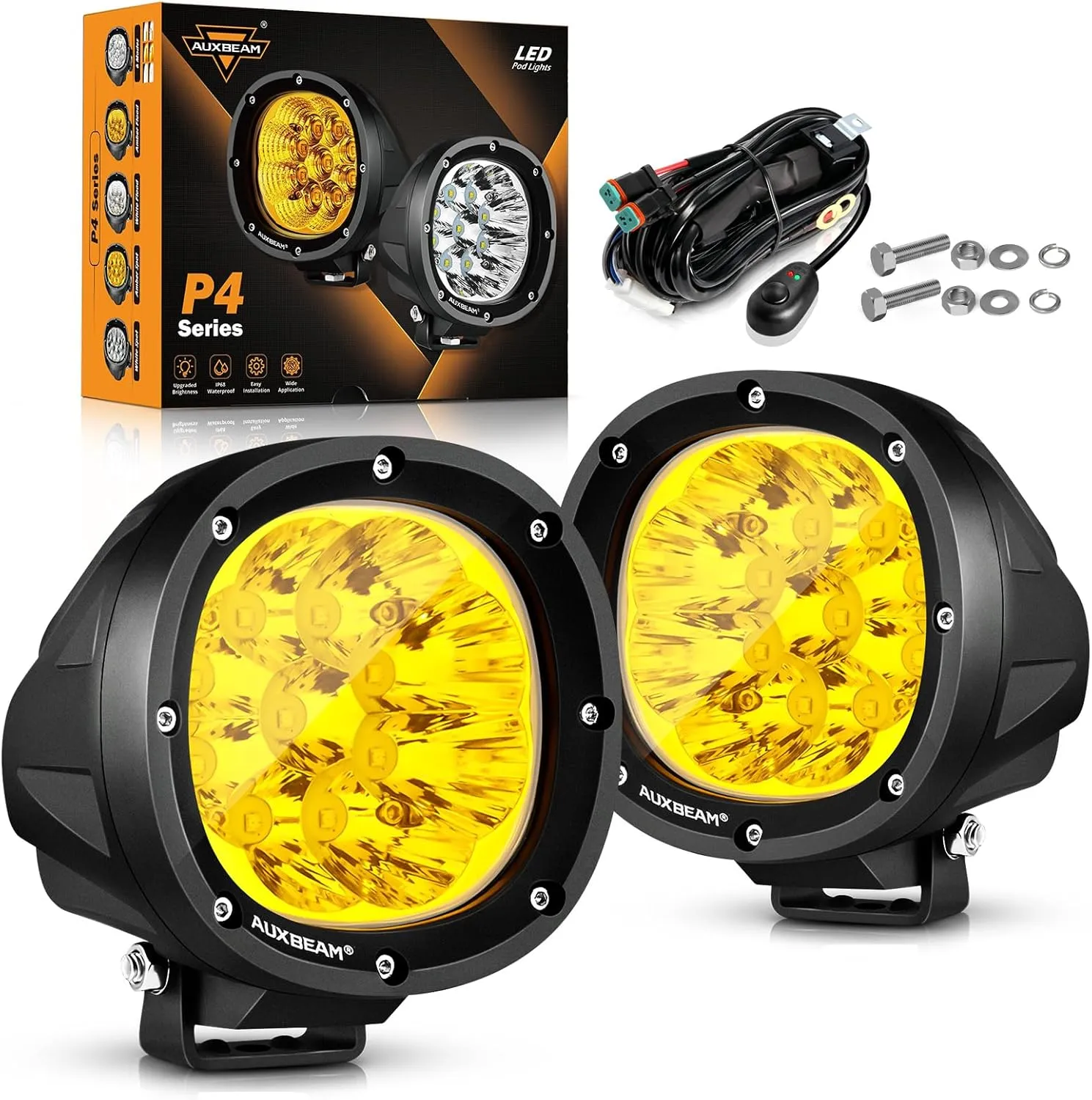 Auxbeam P4 Series LED Amber Fog Lights, 4 Inch 90W Yellow Round Offroad Light Bar, Spot Beam Off Road LED Pods Bumper Ditch Lights, for Trucks Car Motorcycle UTV, Pair