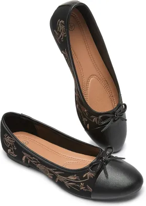 BABUDOG Womens Flats Shoes with Pomegranate Embroidery,White Flats with Bow,Comfortable Round-Toe Flats Shoes,Black Dress Shoes for Women(Soft Memory Foam Insole)