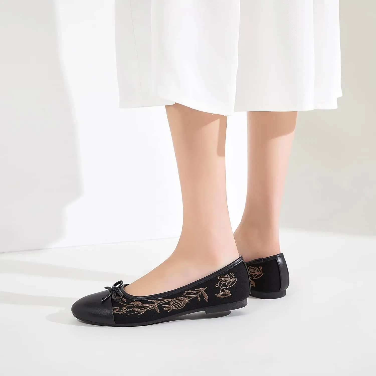 BABUDOG Womens Flats Shoes with Pomegranate Embroidery,White Flats with Bow,Comfortable Round-Toe Flats Shoes,Black Dress Shoes for Women(Soft Memory Foam Insole)