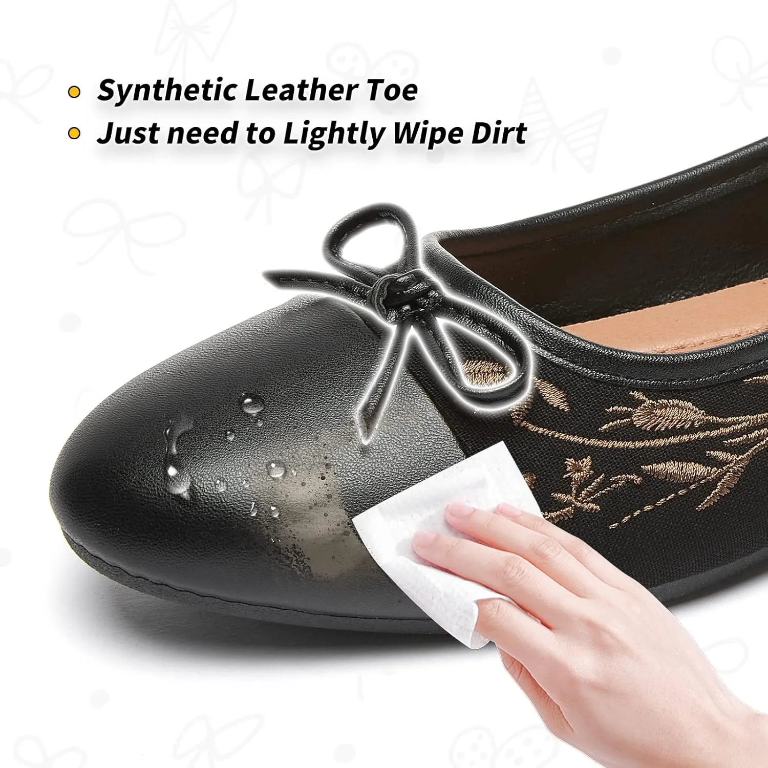 BABUDOG Womens Flats Shoes with Pomegranate Embroidery,White Flats with Bow,Comfortable Round-Toe Flats Shoes,Black Dress Shoes for Women(Soft Memory Foam Insole)