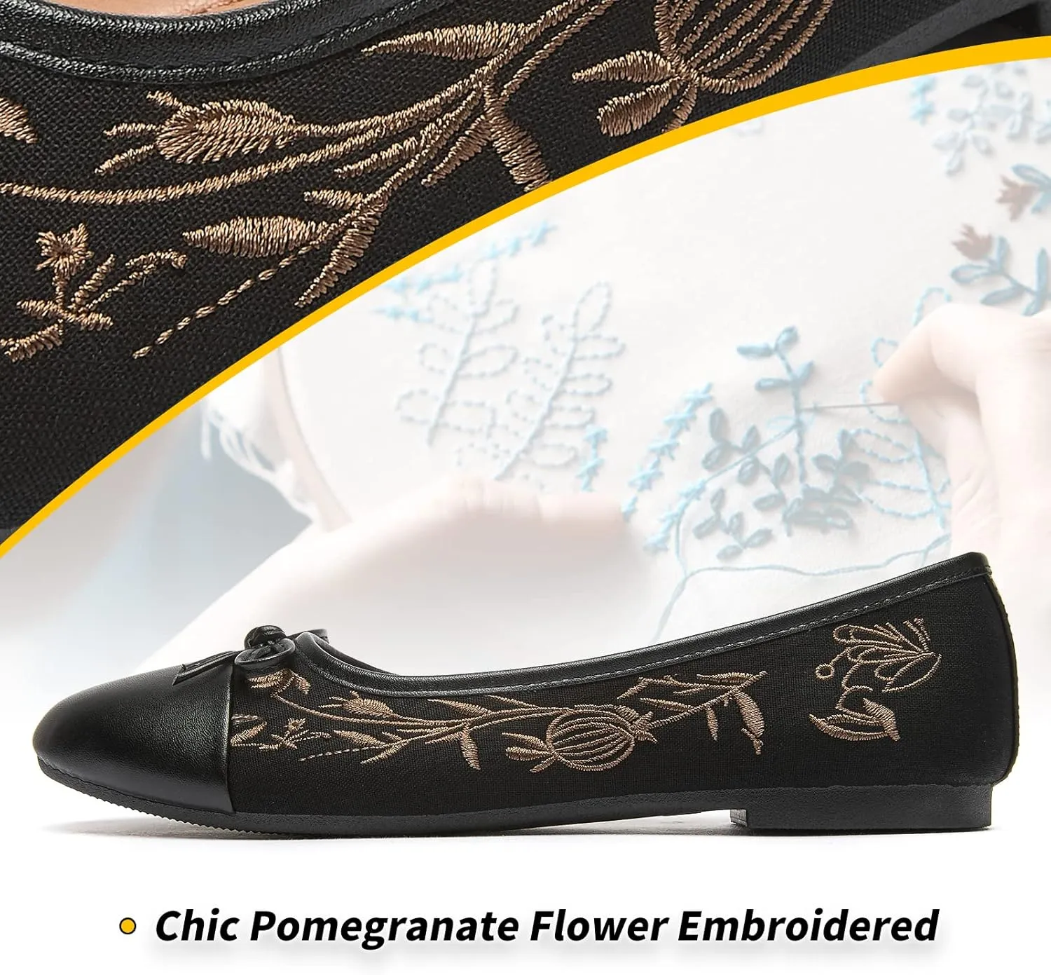BABUDOG Womens Flats Shoes with Pomegranate Embroidery,White Flats with Bow,Comfortable Round-Toe Flats Shoes,Black Dress Shoes for Women(Soft Memory Foam Insole)