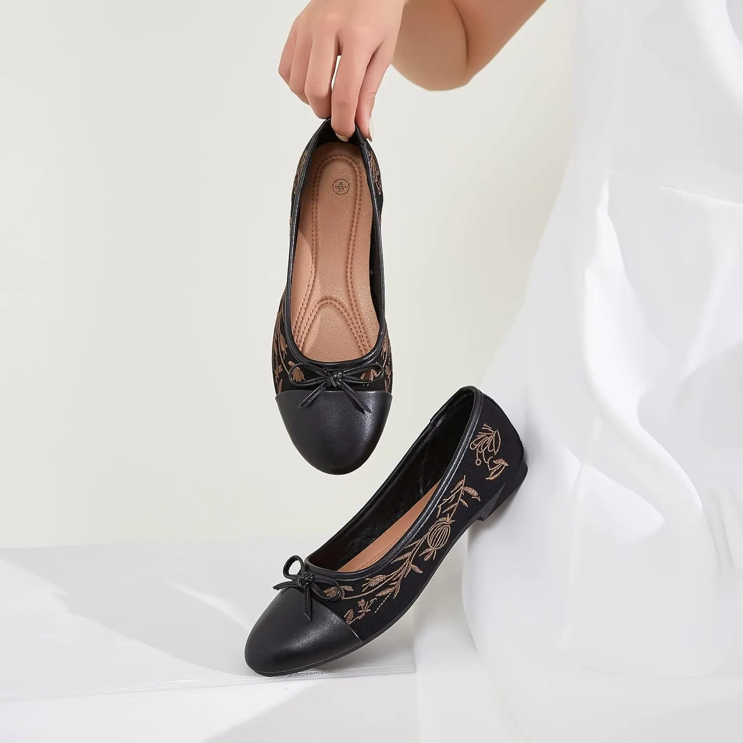 BABUDOG Womens Flats Shoes with Pomegranate Embroidery,White Flats with Bow,Comfortable Round-Toe Flats Shoes,Black Dress Shoes for Women(Soft Memory Foam Insole)