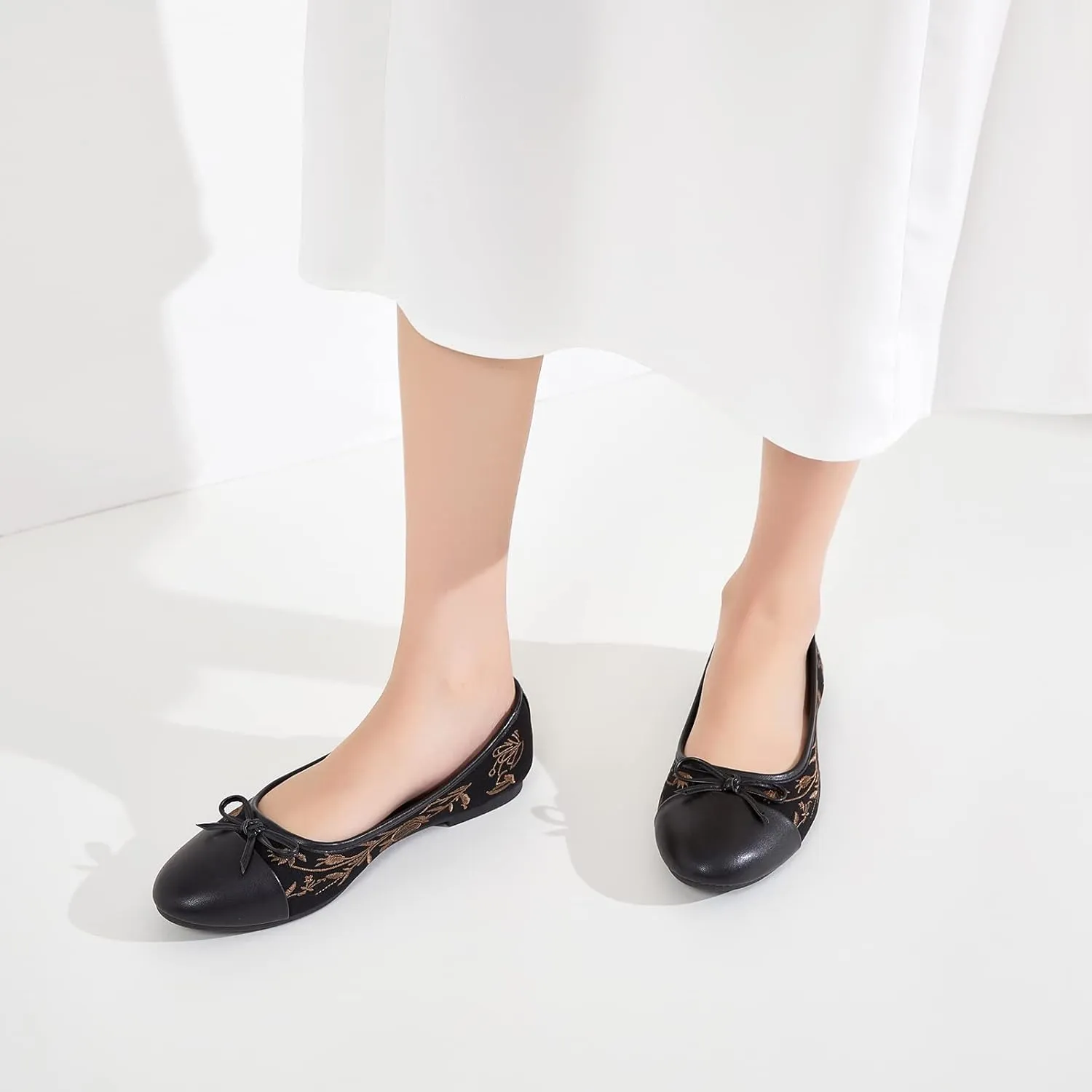 BABUDOG Womens Flats Shoes with Pomegranate Embroidery,White Flats with Bow,Comfortable Round-Toe Flats Shoes,Black Dress Shoes for Women(Soft Memory Foam Insole)