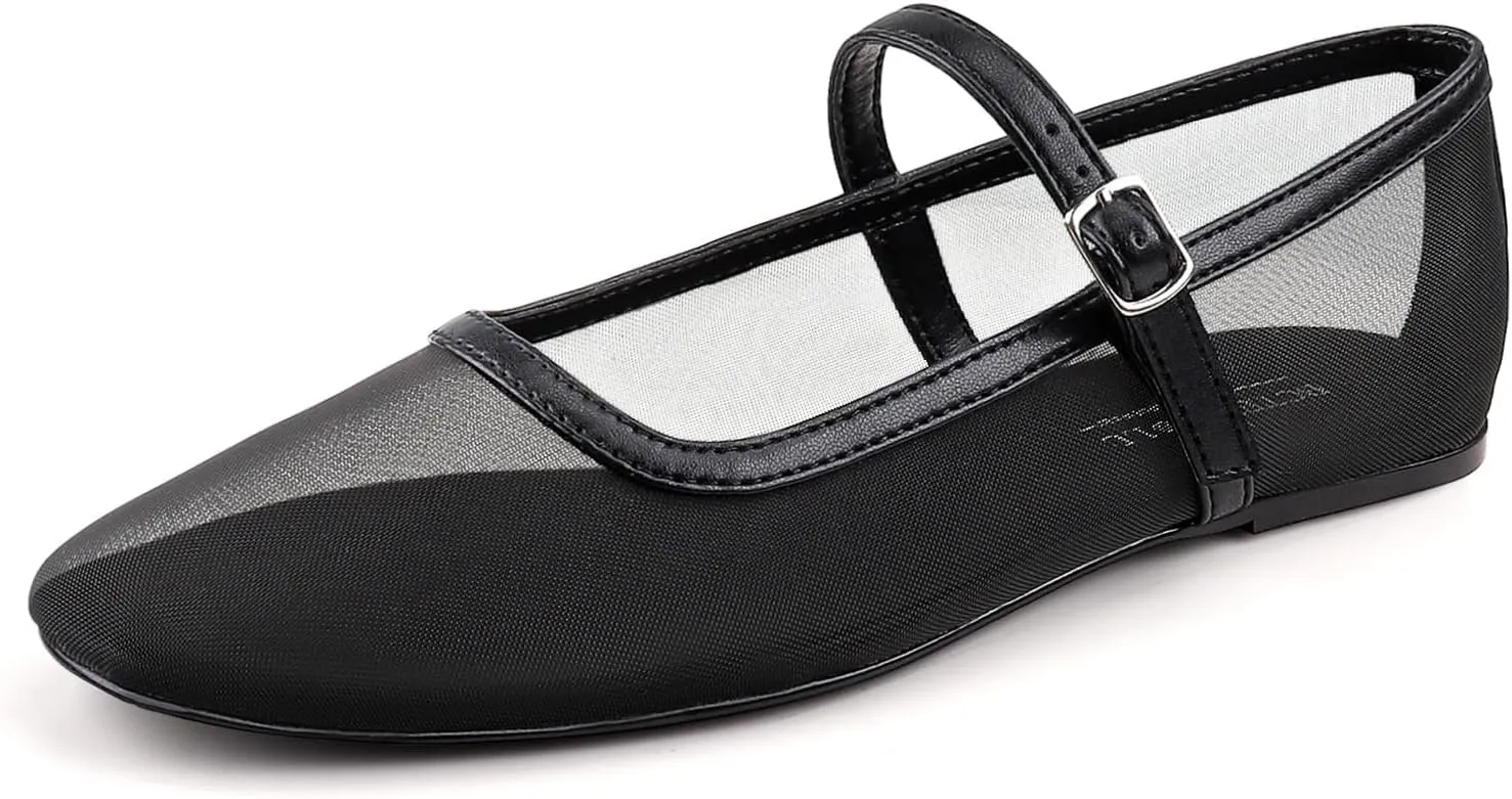 BCTEX COLL Mesh Ballet Flats Mary-Jane Ballerina Flats Square Toe Dressy Casual Shoes with Buckle Strap