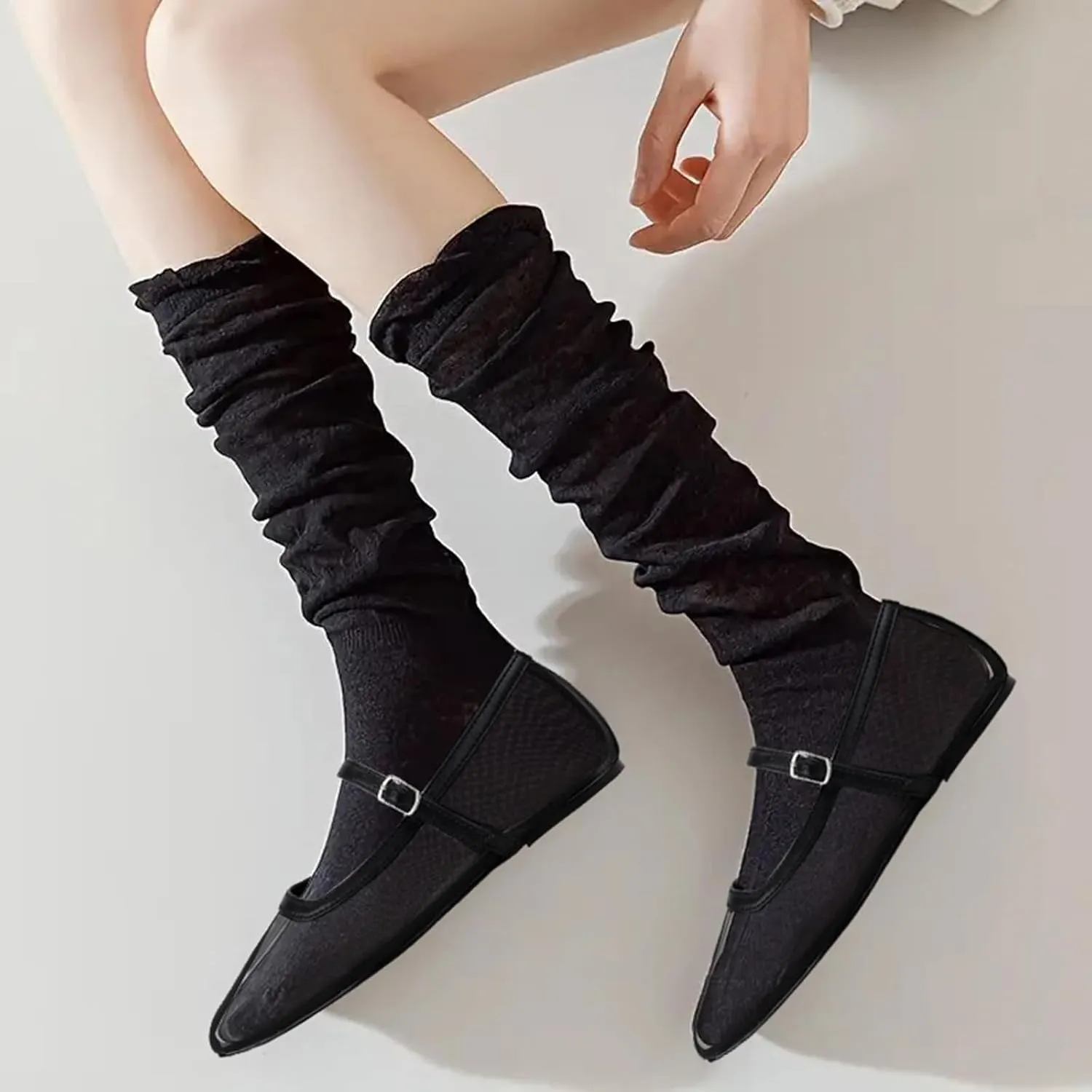 BCTEX COLL Mesh Ballet Flats Mary-Jane Ballerina Flats Square Toe Dressy Casual Shoes with Buckle Strap