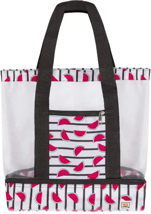 Beach Tote Bag with Mesh Top and Insulated Picnic Cooler Compartment (Watermelon/Striped)